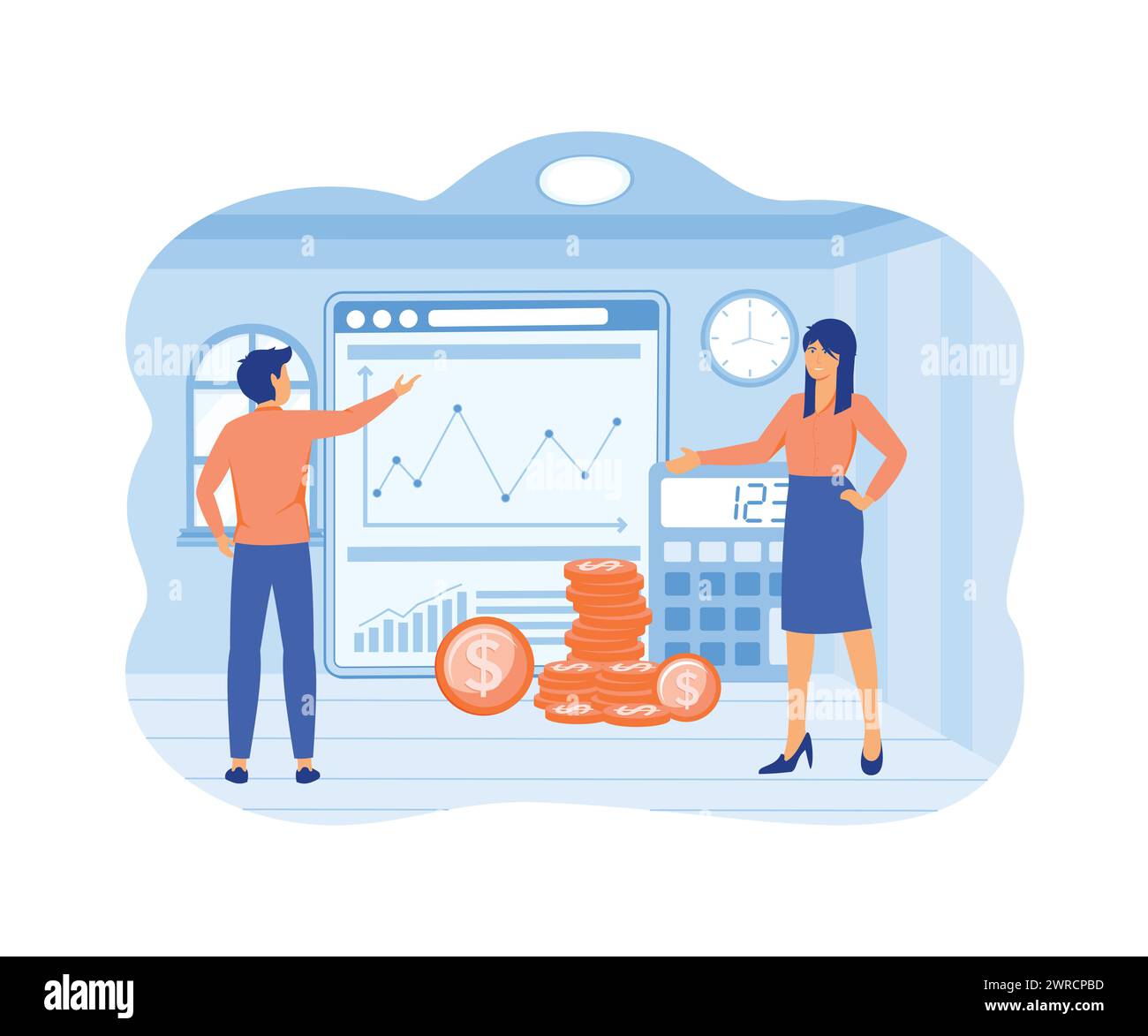 Kostenoptimierungskonzept. Ideen für Finanz- und Marketingstrategien. Ausgleich von Kosten und Einkommen. Moderne Illustration des flachen Vektors Stock Vektor