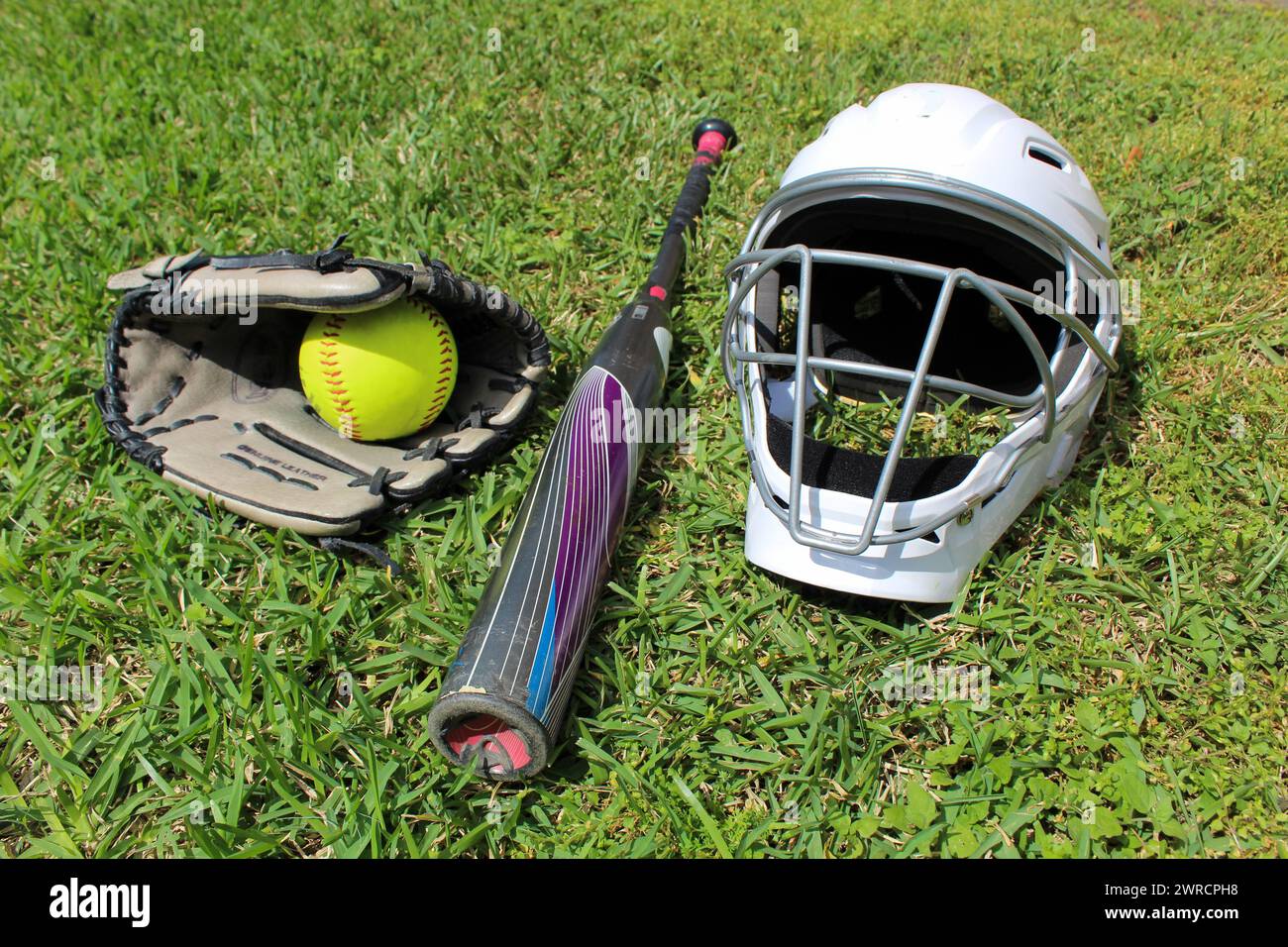 Softball-Ausrüstung auf Gras Stockfoto