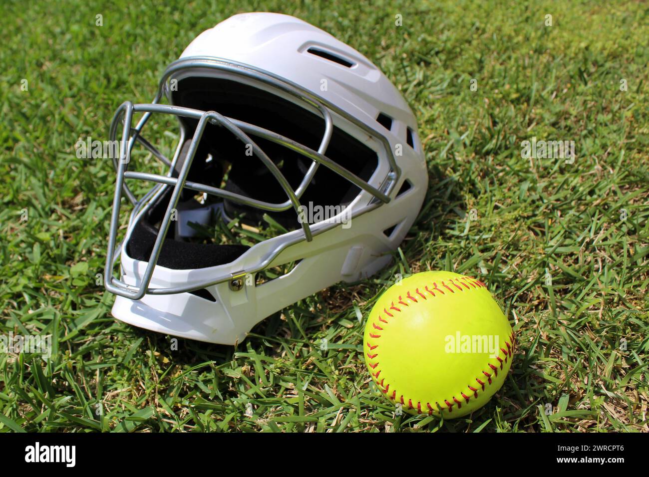 Fänger-Helm und Softball auf Gras Stockfoto