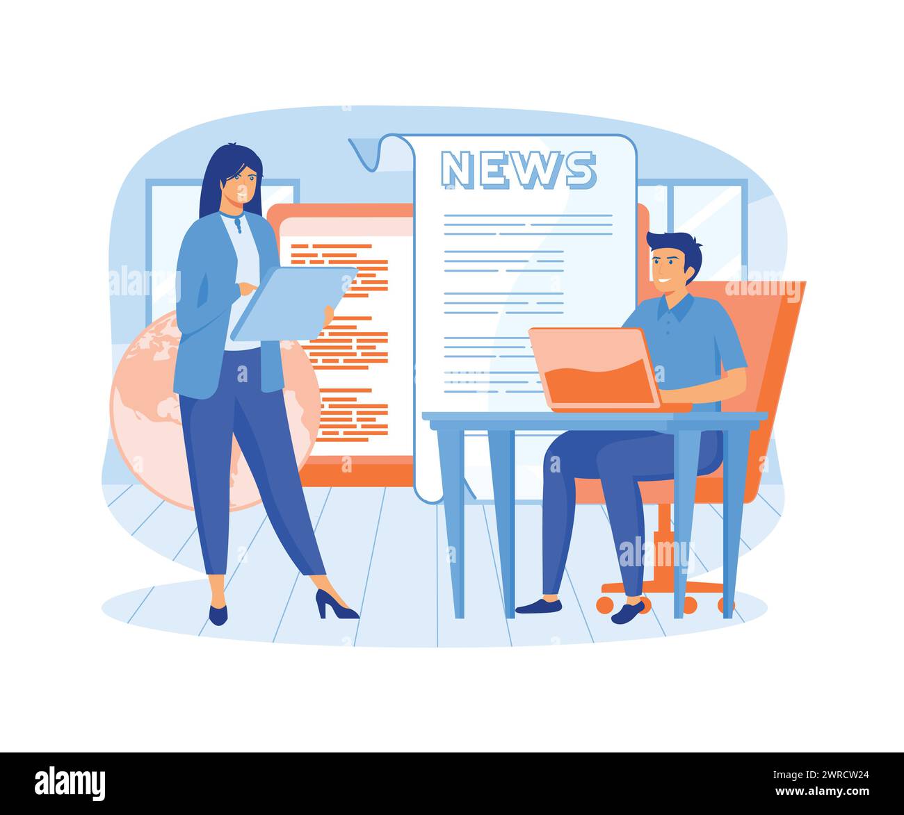Geschäftsleute junge Männer und Frauen, die aktuelle oder aktuelle Nachrichten online über Smartphone oder Laptop lesen. Moderne Illustration des flachen Vektors Stock Vektor