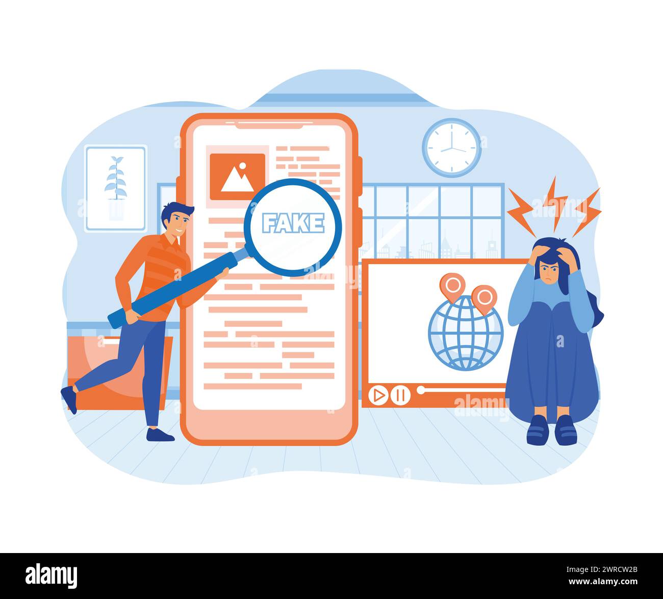 Fake News. Mann mit Lupenscannen und Nachrichten auf dem Smartphone lesen. Desinformation, Propaganda in Online-Nachrichtenmedien. Flacher Vektor moderne Illus Stock Vektor