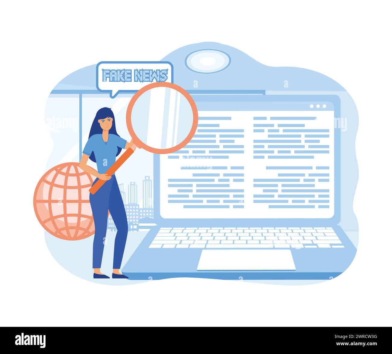 Frau mit Lupenrecherche über gefälschte Nachrichten in sozialen Medien. Moderne Illustration des flachen Vektors Stock Vektor