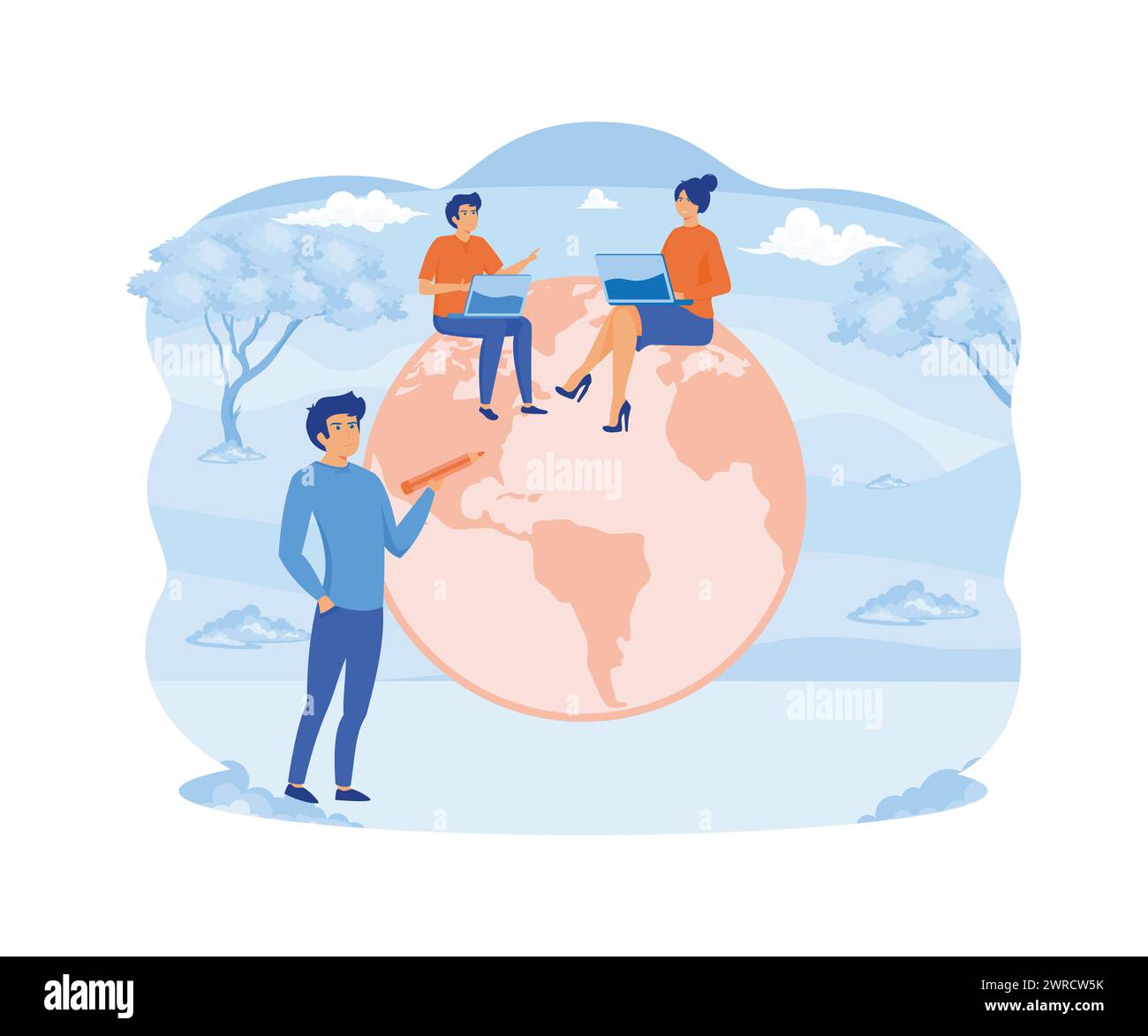 Arbeiten Sie überall auf der Welt. Geschäftsleute, die auf der ganzen Welt sitzen und mit einem Online-Computer arbeiten. Moderne Illustration des flachen Vektors Stock Vektor