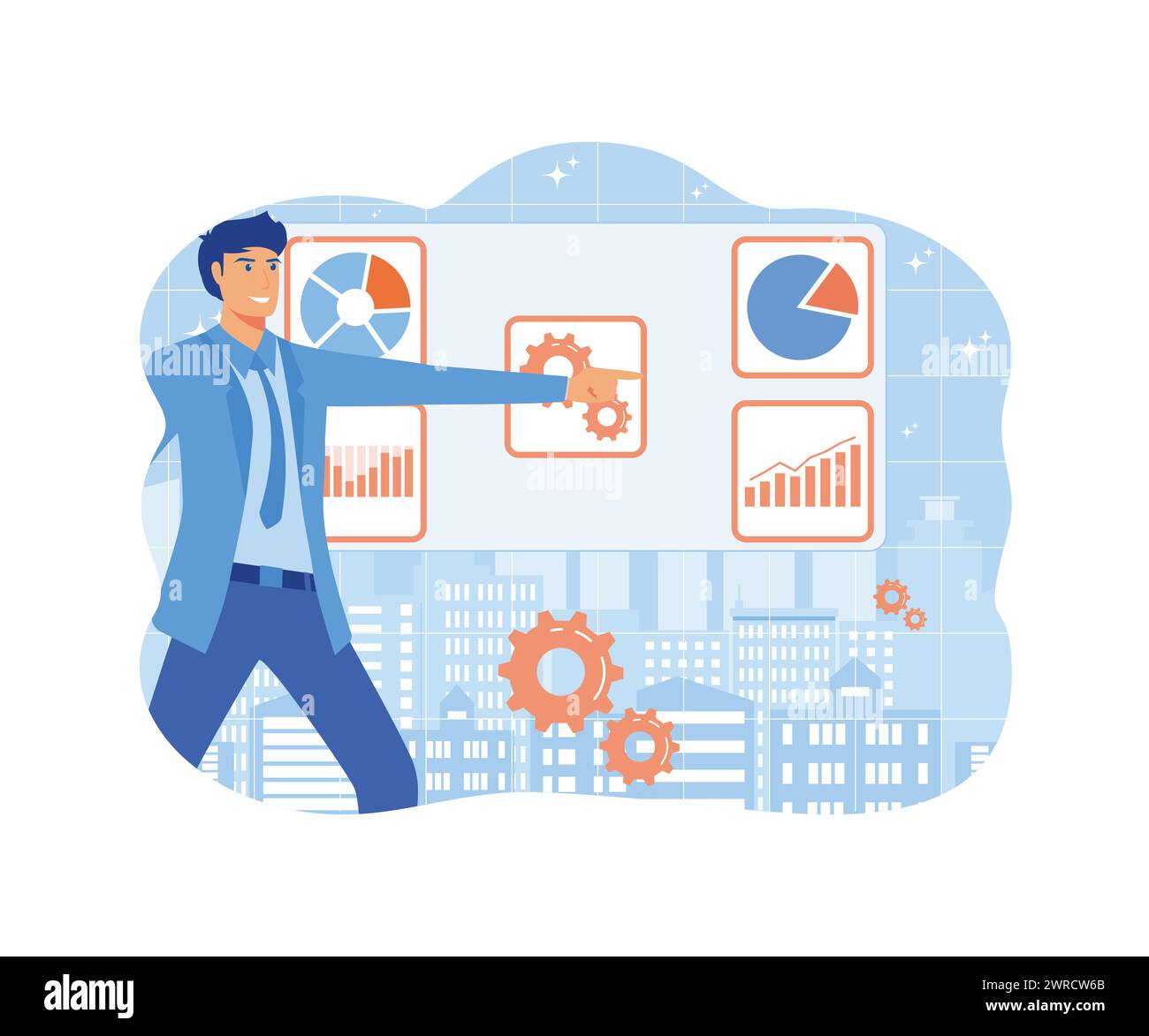 Datenwissenschaftler suchen und interagieren mit einem virtuellen Dashboard, um Daten in Diagrammen und Statistiken zu analysieren. Moderne Illustration des flachen Vektors Stock Vektor