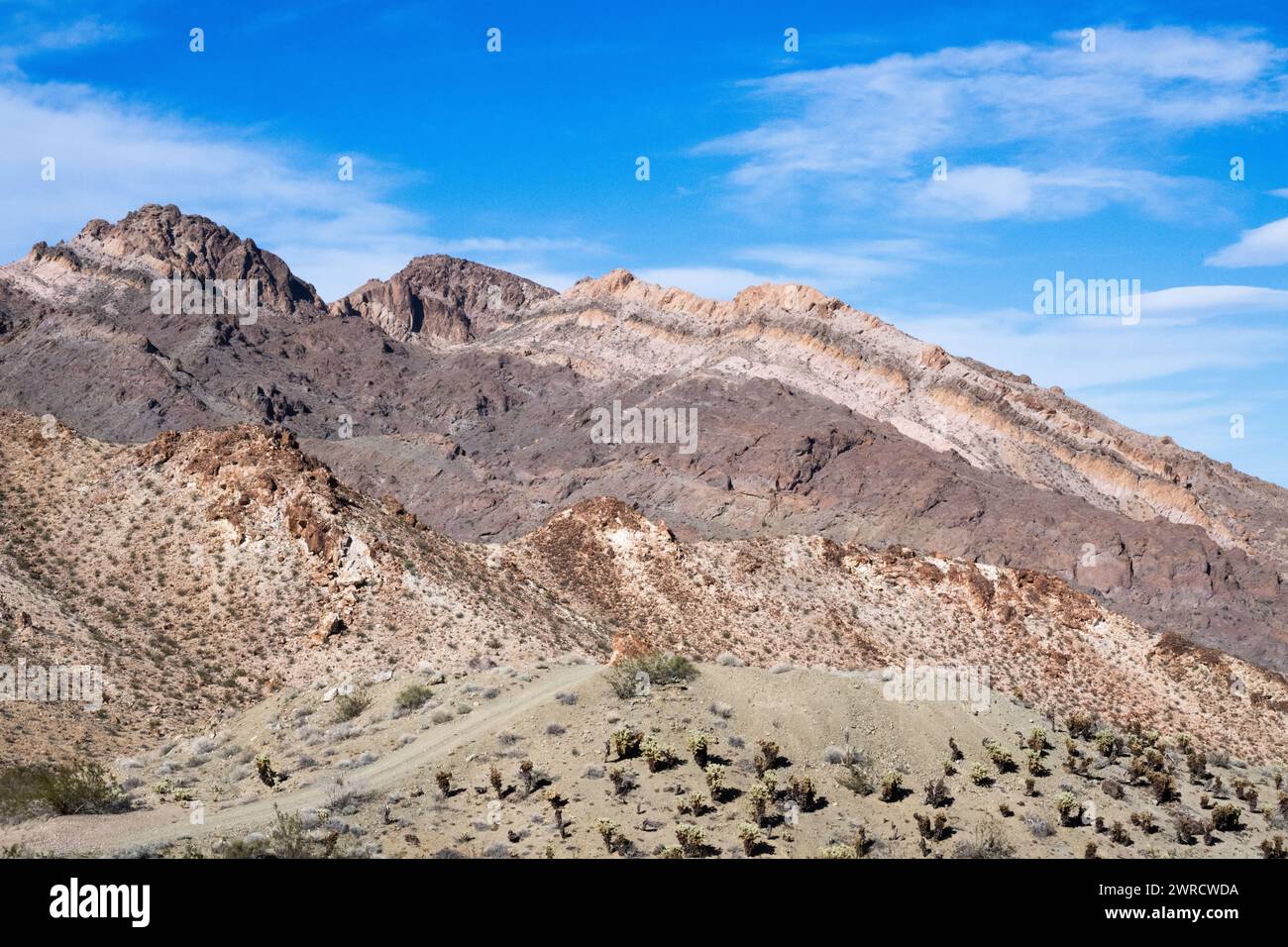 Sandsteinklippen in der Mojave-Wüste - Teile der Eldorado-Bergkette, El Dorado-Berge und Mohave-Landschaft und Nelson Nevada Stockfoto