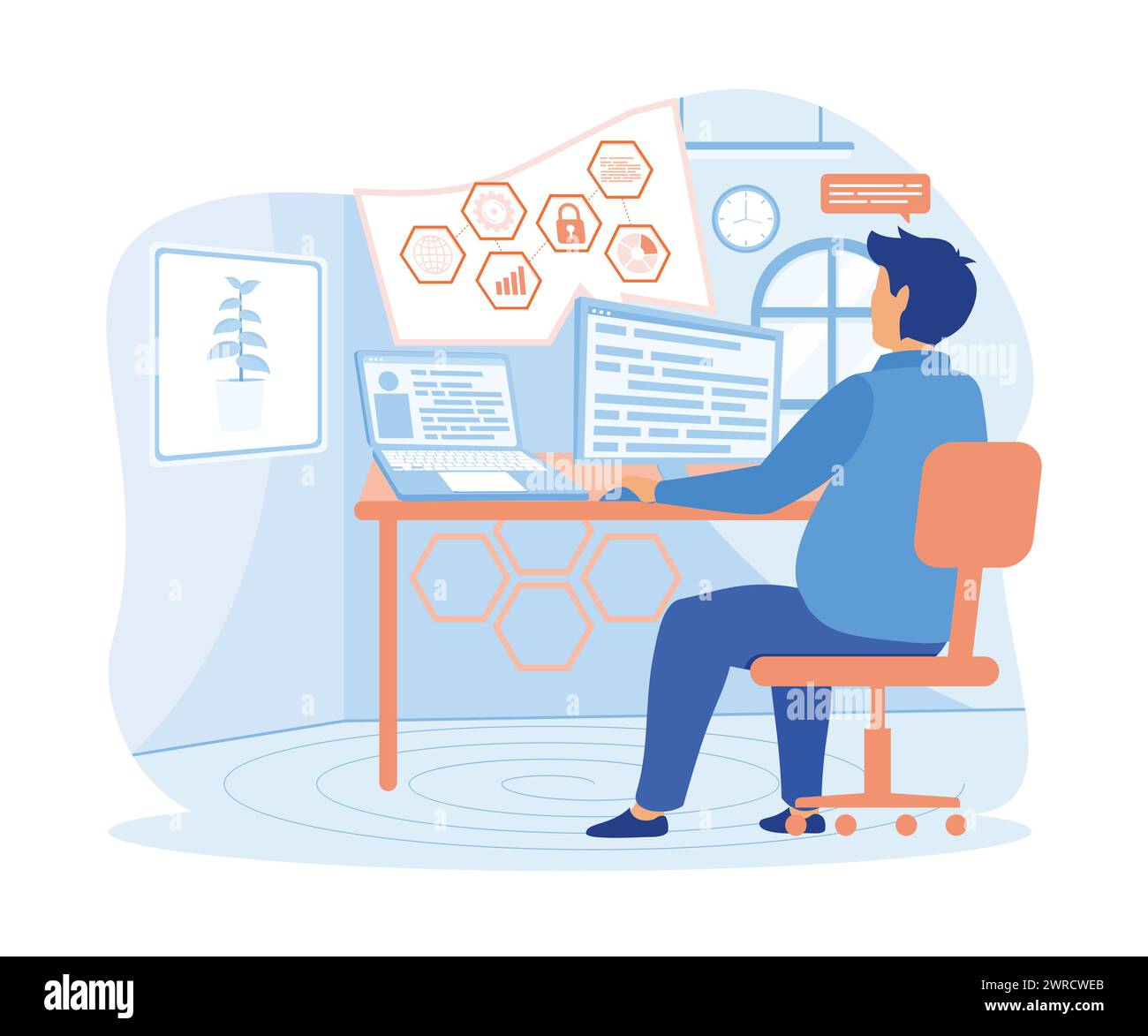 Junger Programmierer konzentrierte sich auf das Projekt. Entwicklung von Programmier- und Codierungstechnologien. Moderne Illustration des flachen Vektors Stock Vektor