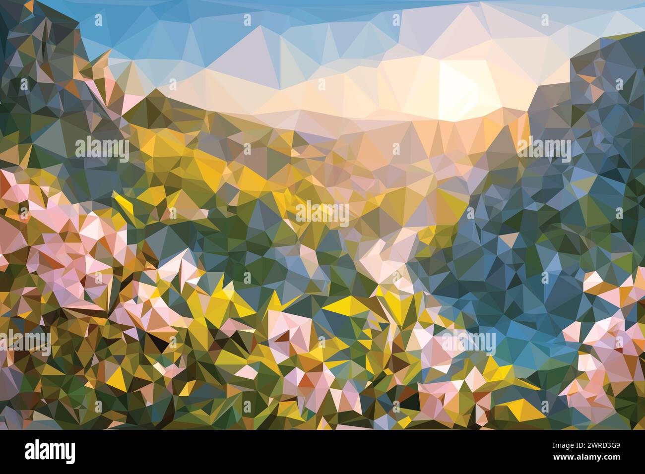 Niedrige Poly-Karikaturblumen von Kirschblüten Baum, Frühling Natur geometrische Tapete mit Sonnenaufgang und Bergen, modernes Cover Design Stock Vektor