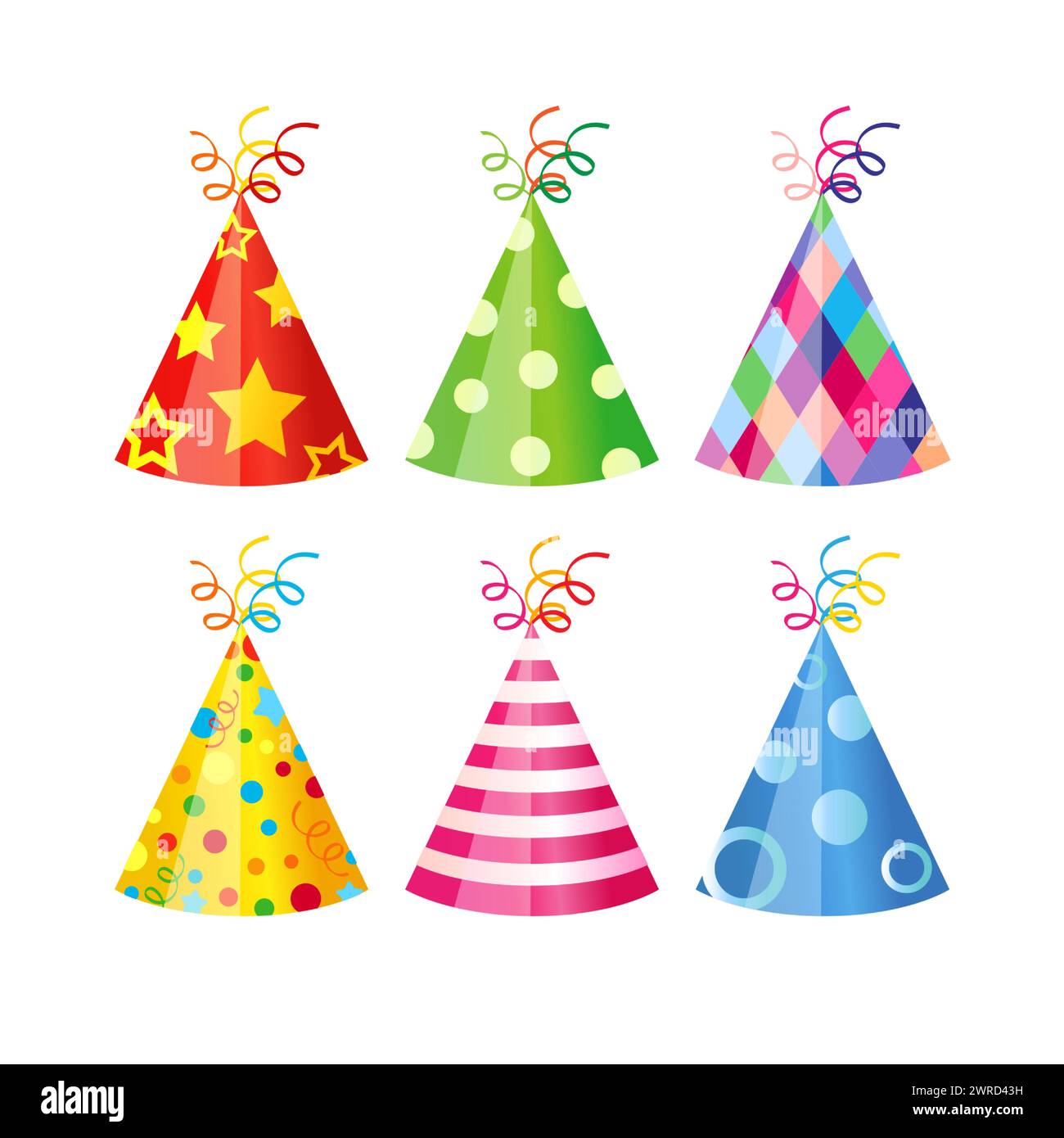 Set realistischer Partyhüte. Weihnachtsmütze Kollektion, 3D-Design. Isolierte Symbole mit Begrenzungsmaske. Veranstaltungen feiern. Tempate für Postkarte, Geschenk Stock Vektor