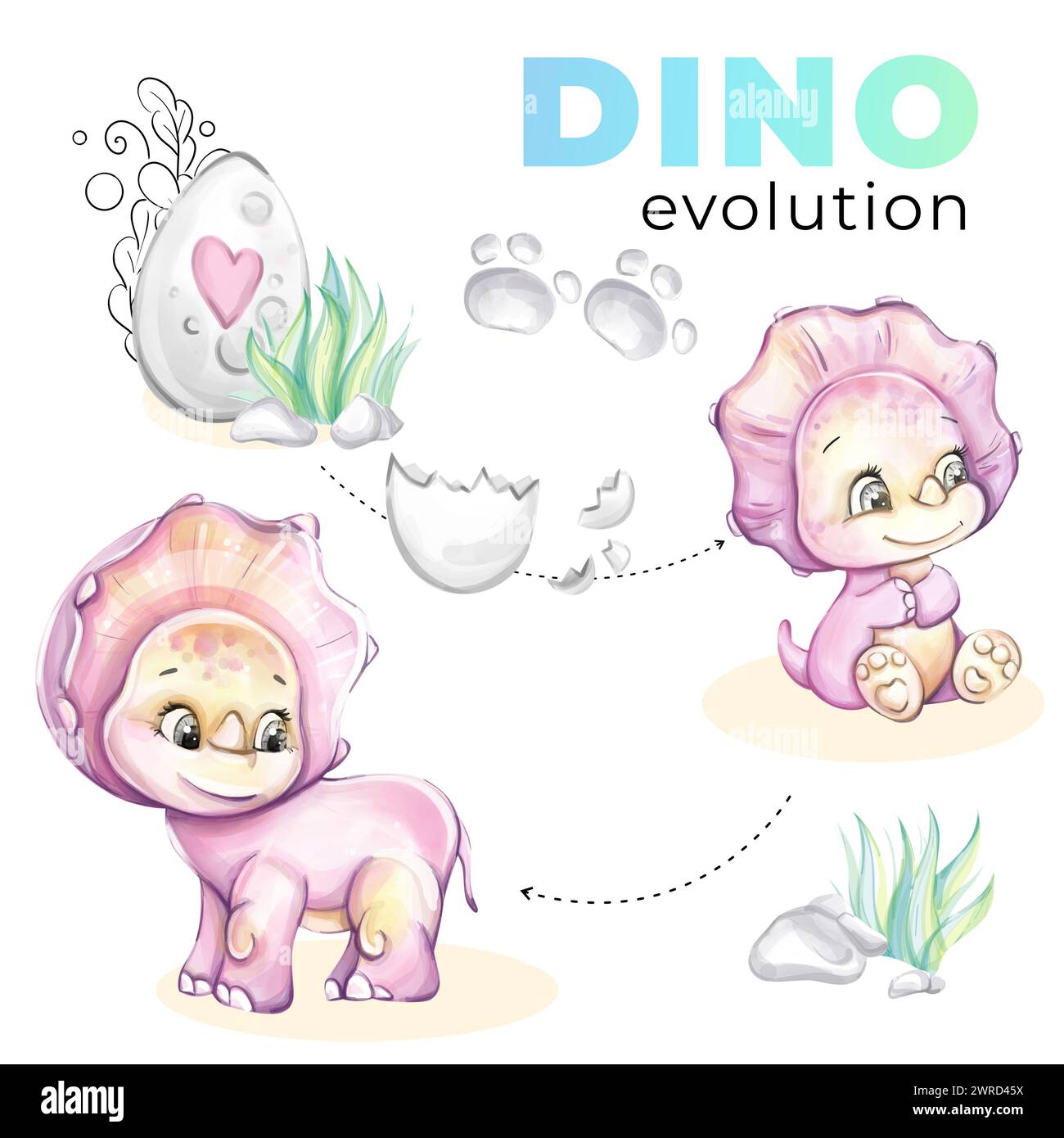 Baby-Dino mit Wasserfarbenmuster und Ei und Mutter für Kinderzimmer. Cartoon und süße Dinosaurier für Druck, Tapete, Stoff Stockfoto