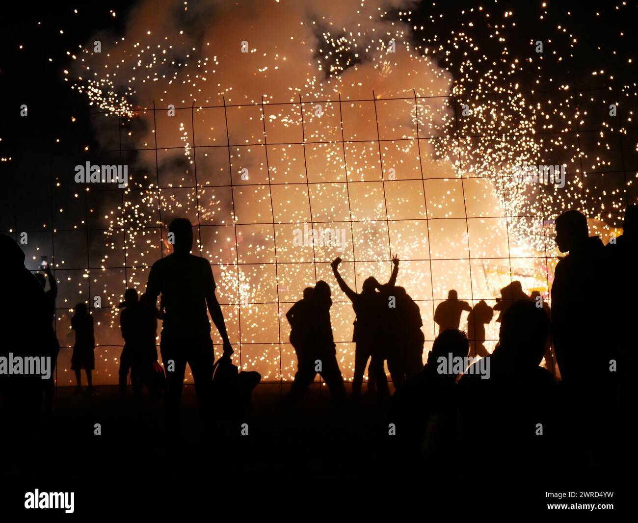 Silhouetten von Individuen fasziniert von einem lebhaften Feuerwerk bei Nacht Stockfoto