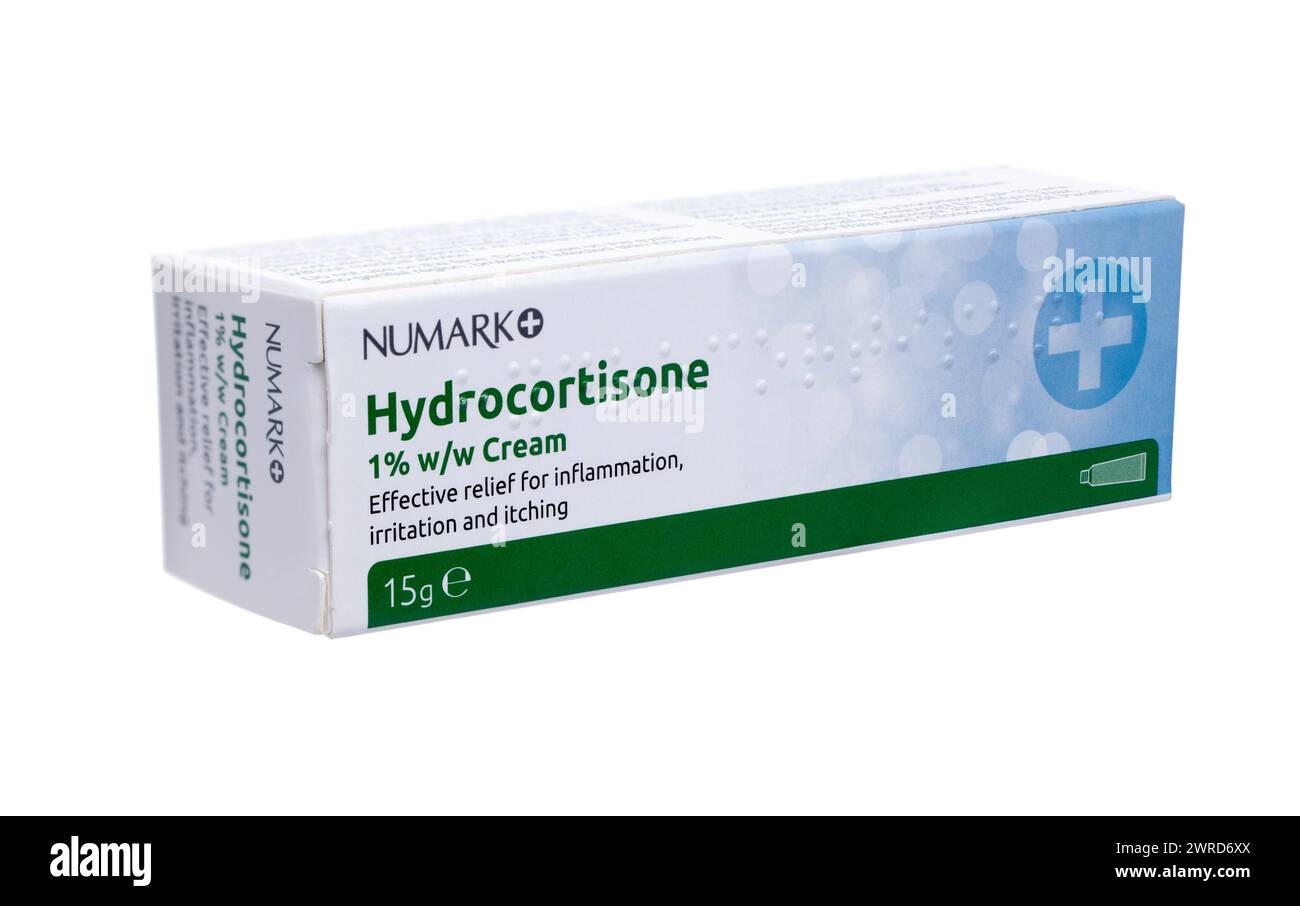 Schachtel Numark Hydrocortison 1% W/W Creme zur Entzündung Stockfoto