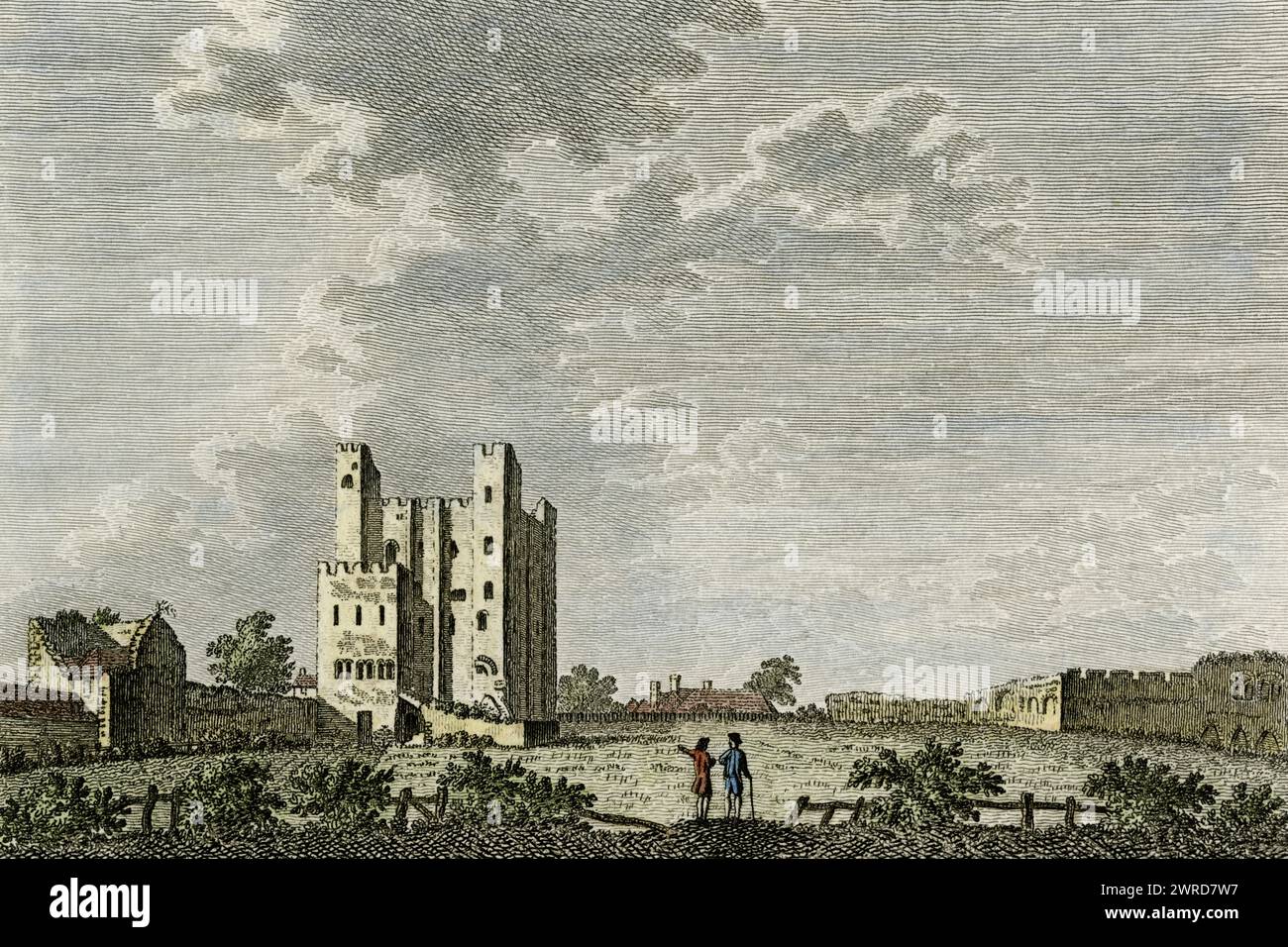 Rochester Castle in Kent England, eine normannische Festung, die in den späten 1000er Jahren begann und mit einem Turm aus Kentish-Ragstone um 1127 erbaut wurde. Randloser Schnitt im 6 x 4-Format Kupferstich von Richard Godfrey (1728–1795) aus einer Zeichnung von Francis Grose (1731–1791), veröffentlicht 1784 in Groses „The Antiquities of England and Wales“. Stockfoto