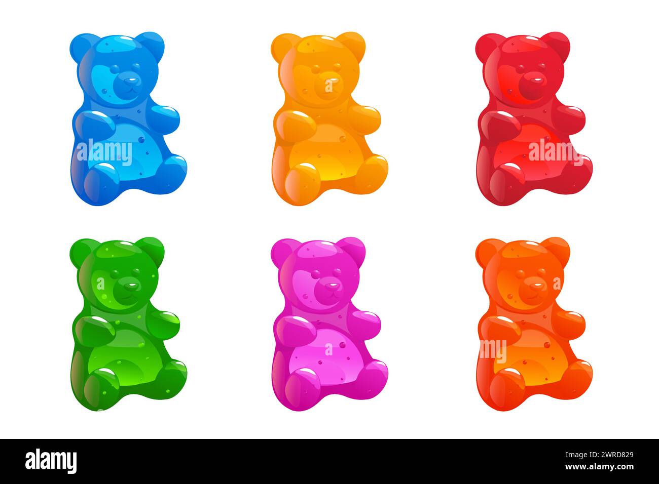 Comic-farbene Gelee-Bären. Kaumarmelade. Obst schmeckt gummiartig. Kinder kauen Süßigkeiten. Zuckerdesserts in Tierform. Elastische helle Bonbons. Köstlich Stock Vektor