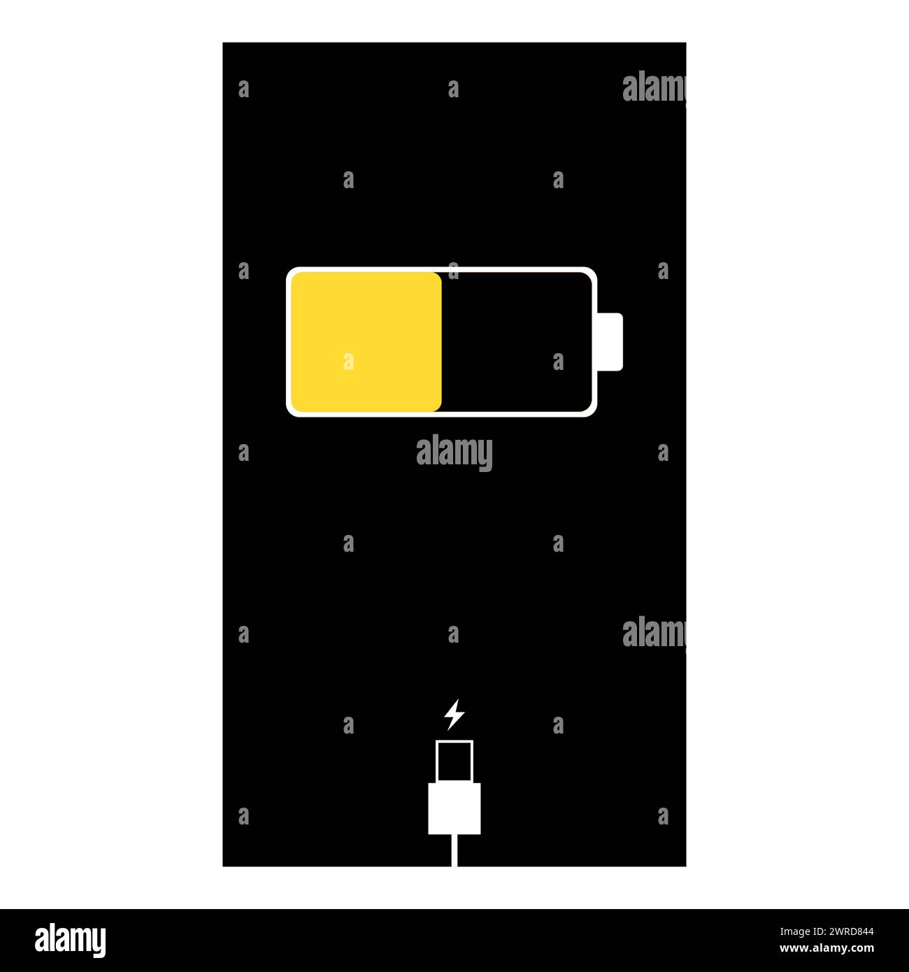 Symbol für das Aufladen des Telefons. Smartphone lädt den Akku auf. Ladezustandsanzeige und mit USB-Anschluss. Symbol isoliert auf schwarzem Hintergrund. Stock Vektor