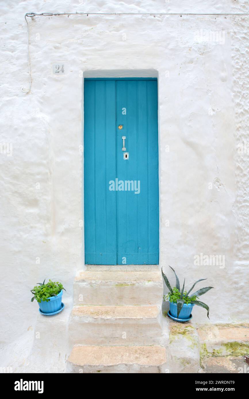 Eine bezaubernde geschlossene türkisfarbene Tür, umgeben von üppigen Pflanzen in Apulien, Süditalien, die mediterrane Architektur und rustikalen italienischen Charme bietet Stockfoto