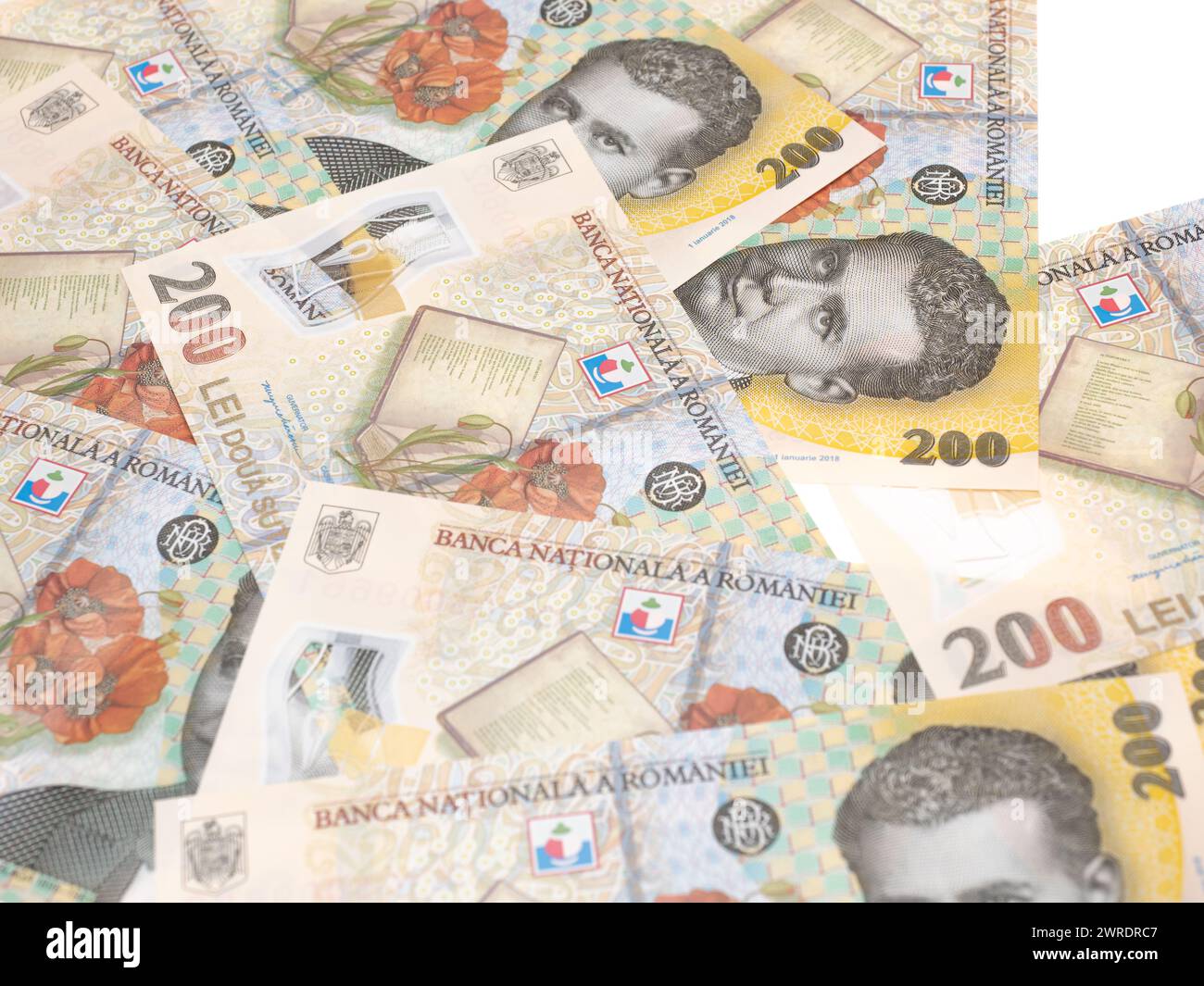 Rumänische Geldscheine lei isoliert auf weißen, rumänischen 200 lei-Banknoten Stockfoto