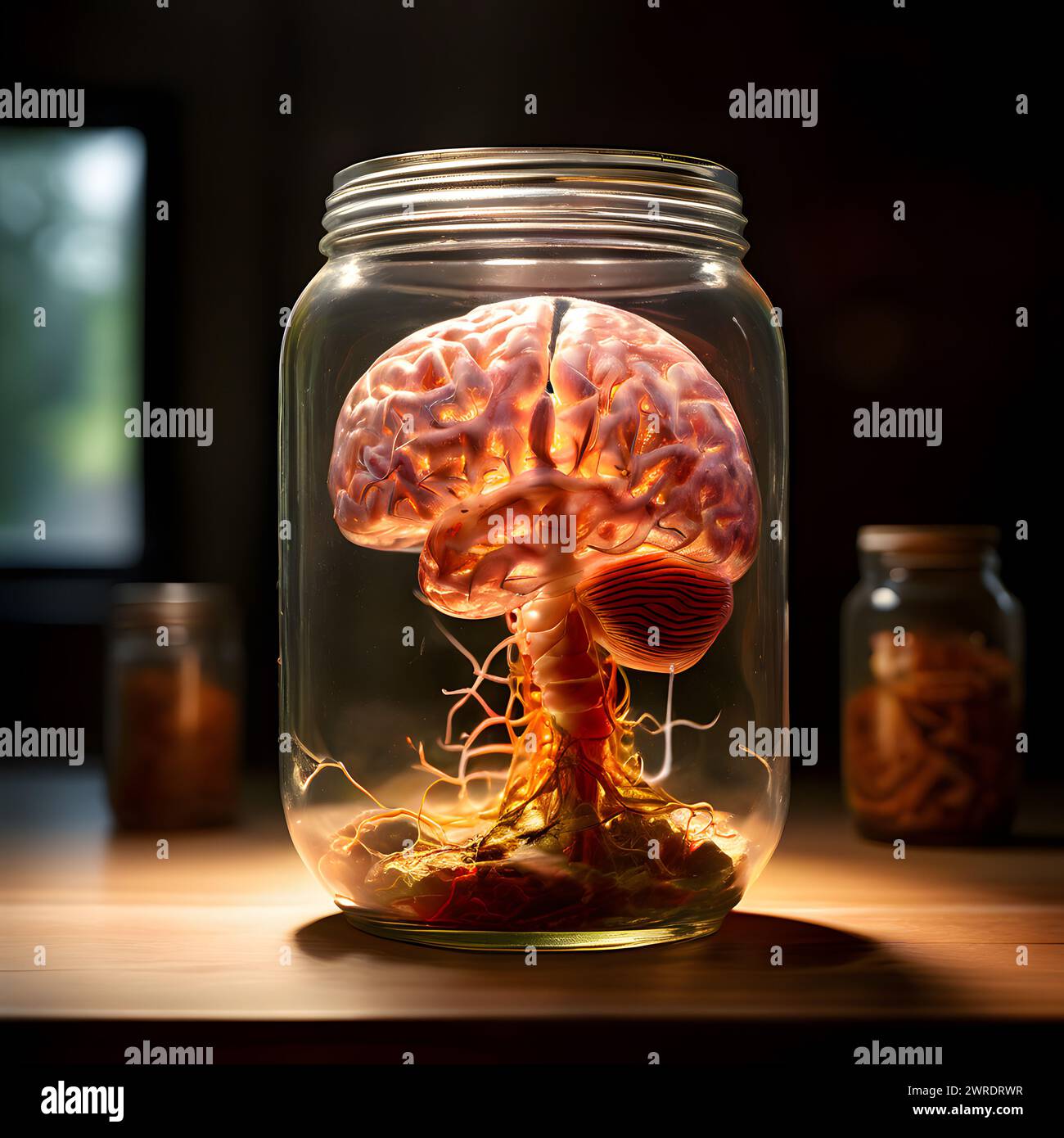 Gehirn im Glasgefäß auf dem Tisch - KI generierter Inhalt Stockfoto