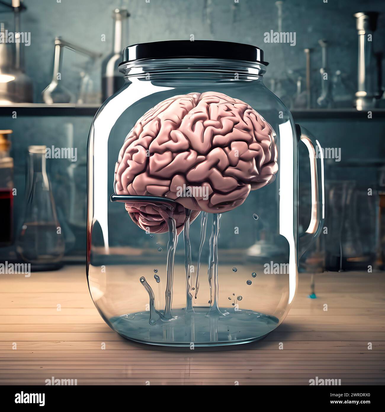 Gehirn im Glasgefäß auf dem Tisch - KI generierter Inhalt Stockfoto