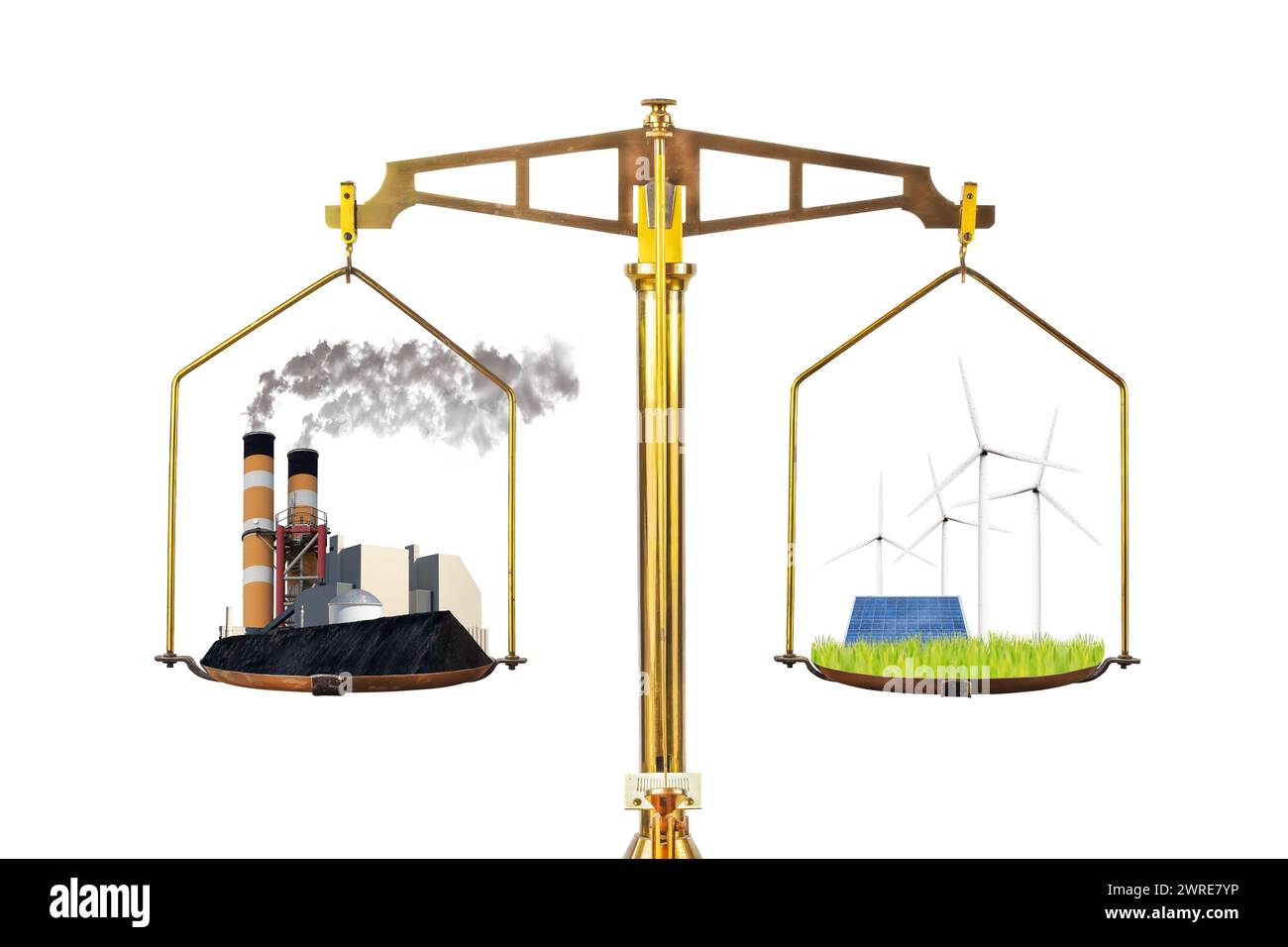 Konzept der konventionellen schadstoffbelastenden Energiefabrik versus erneuerbarer Energie mit Turbinen und Solarpaneelen auf einer Bilanzskala Stockfoto