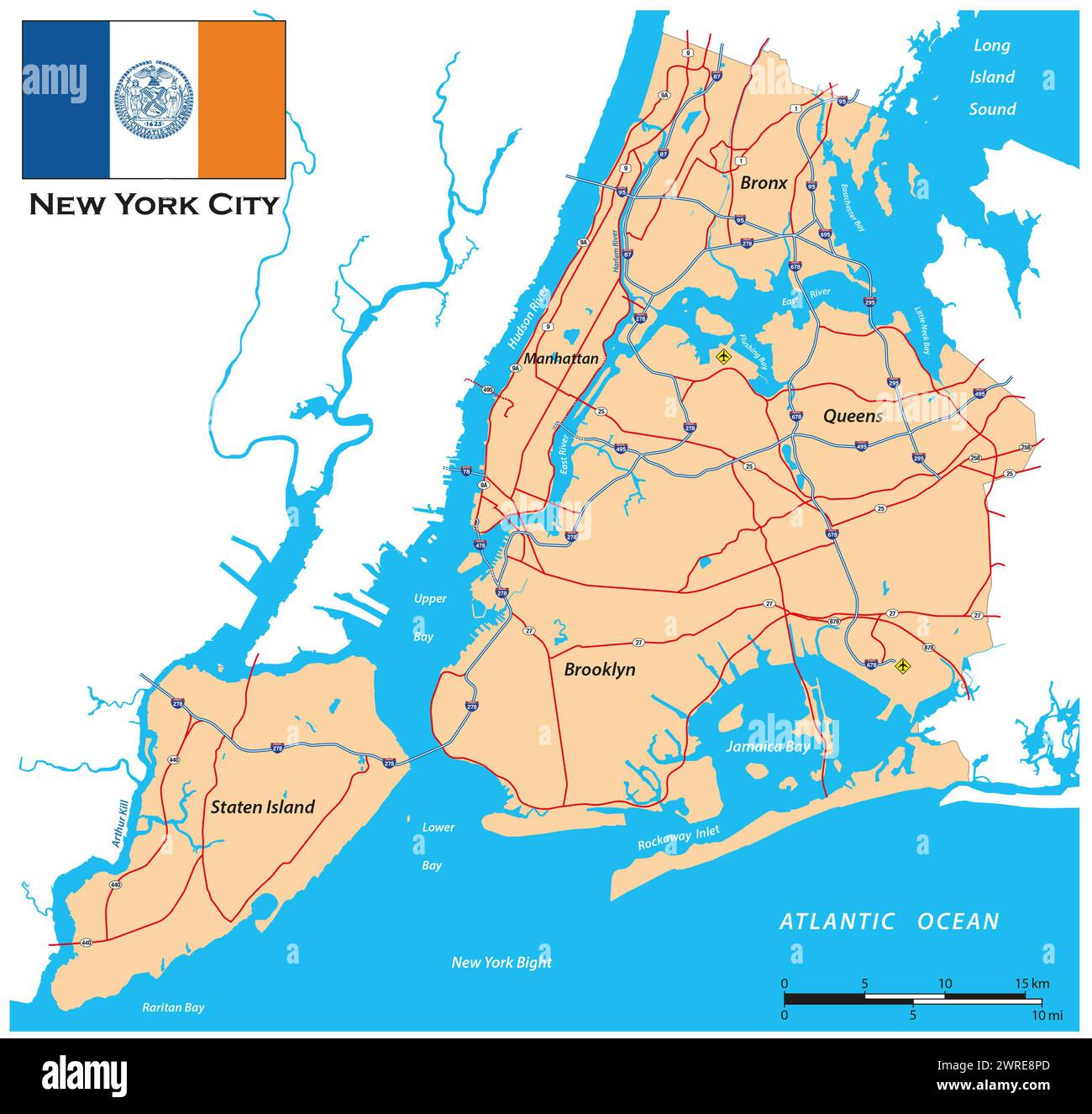 Einfache Übersichtskarte von New York City, USA Stockfoto