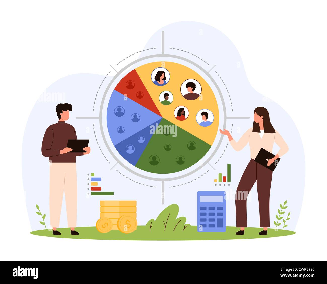 Zielgruppenforschung, Marketinganalyse von Fokusgruppen und Kundenverhalten. Winzige Leute studieren Verbraucherprofile, die in Segment des Kreisdiagramms eingeschlossen sind, und Ziel-Cartoon-Vektor-Illustration Stock Vektor