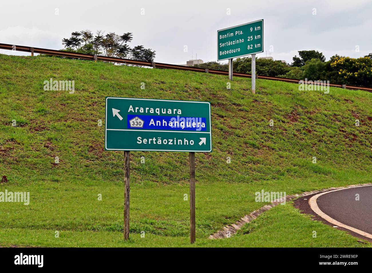 Wegbeschilderung für Straßen und nahe gelegene Städte in Ribeirao Preto, Sao Paulo, Brasilien Stockfoto