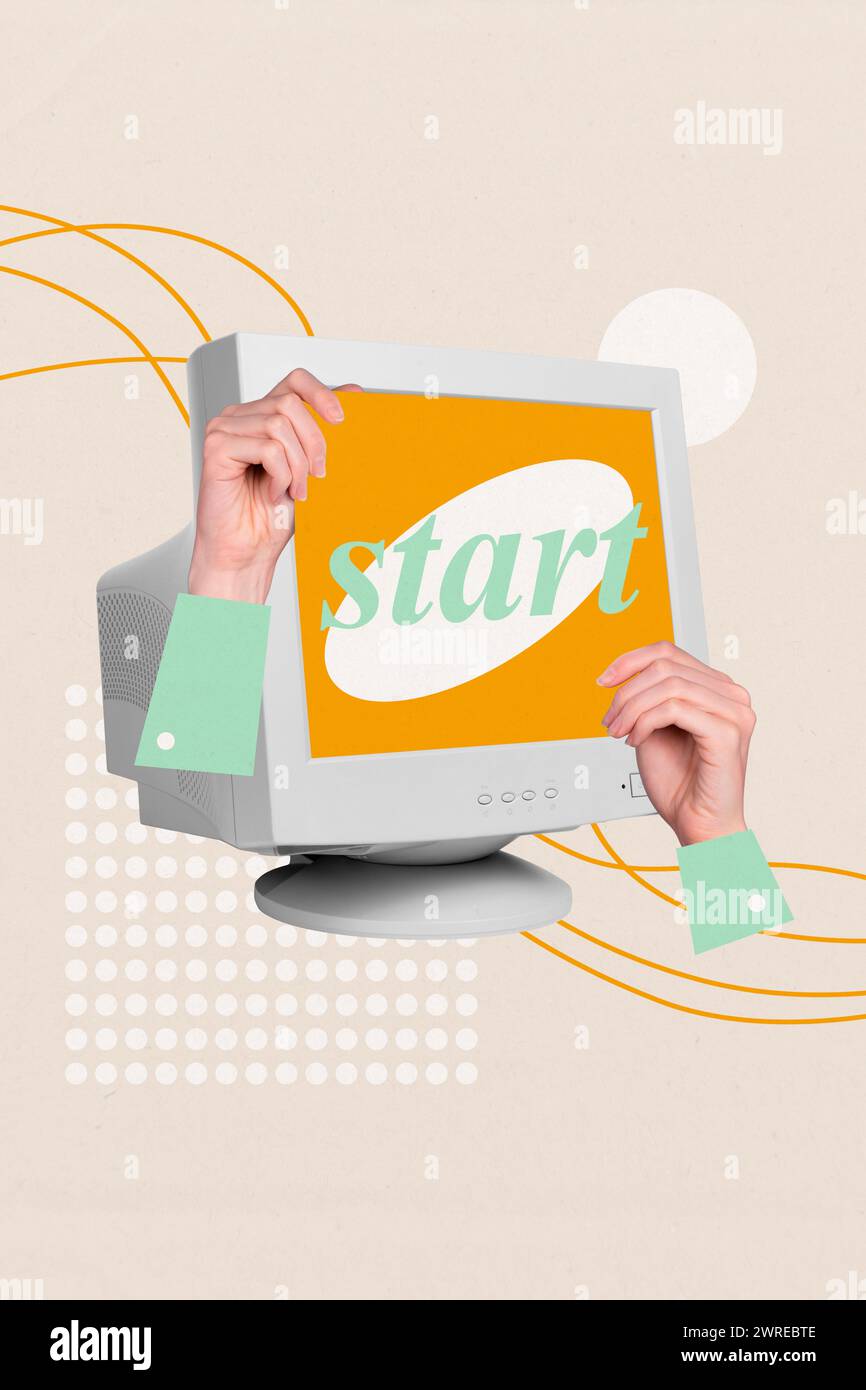 Vertikale Fotocollage der Hände Touch Computer altmodischer Monitor Bildschirmschoner Start Arbeit Büro Benutzer isoliert auf gemalten Hintergrund Stockfoto