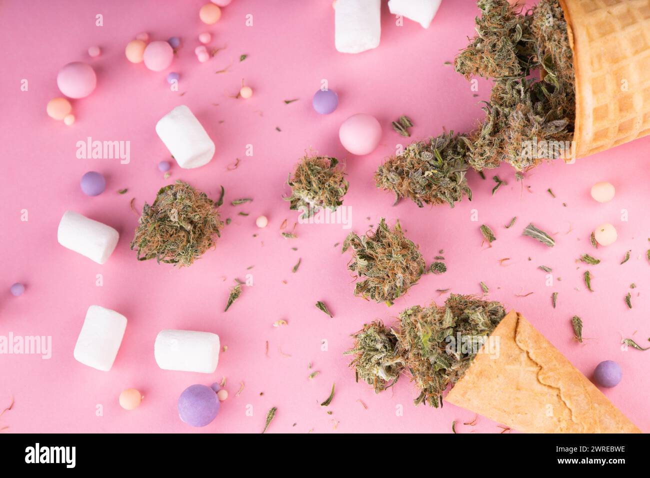 Trockene Knospen von medizinischem Marihuana liegen auf Waffel-Eiskegeln auf rosa Hintergrund. Es gibt Süßigkeiten und marshmello. Alternative medizinische Canna Stockfoto