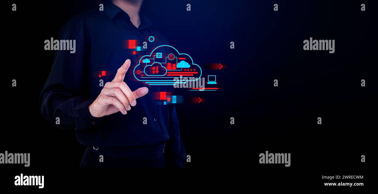 Nahtlose Netzwerkverbindung, ein Geschäftsmann mit Cloud-Computing-Symbolen. Stärkung des Wachstums der digitalen Infrastruktur und Förderung der Zusammenarbeit Stockfoto