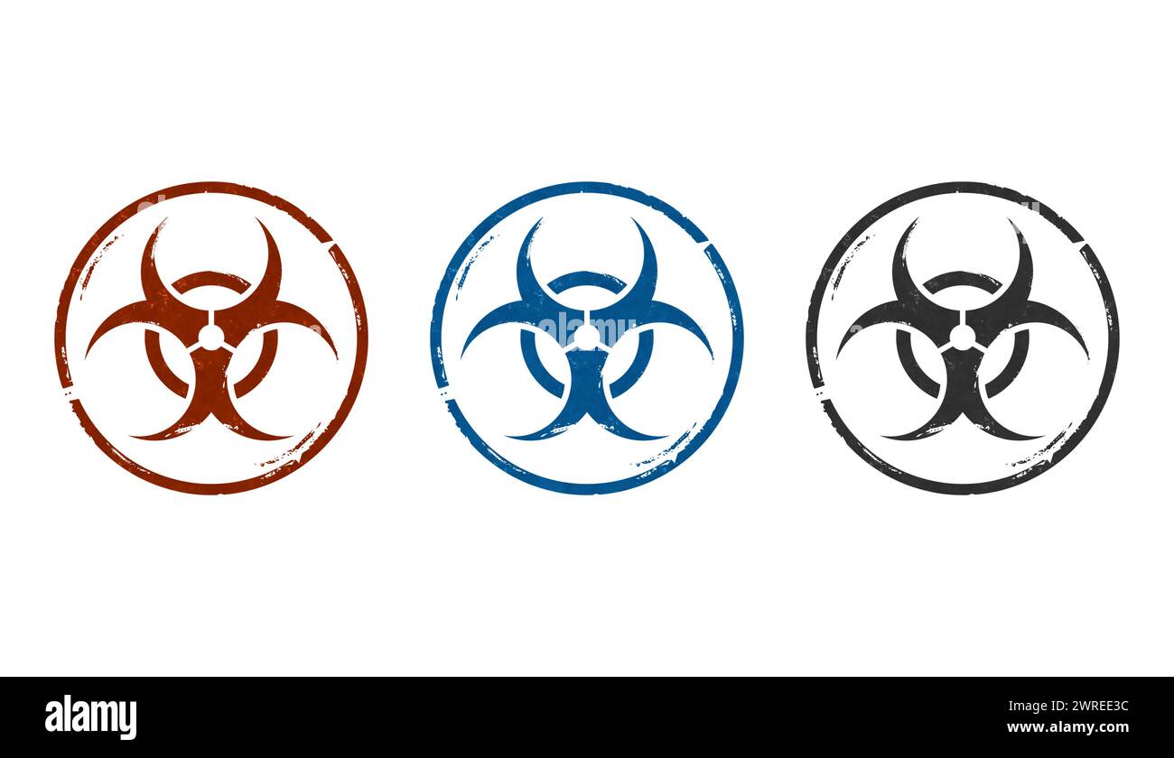 Warnstempel für biologische Gefahrenstoffe in wenigen Farbversionen. 3D-Darstellung des Symbols für biologische Gefahren. Stockfoto
