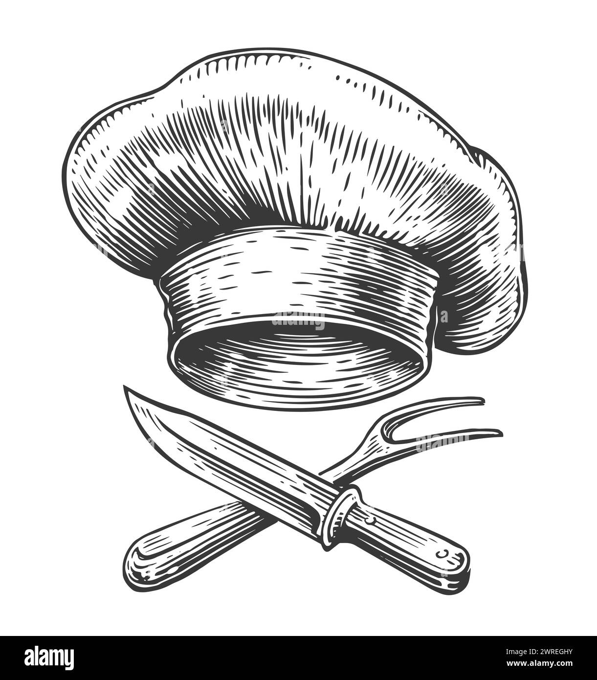 Kochmütze und gekreuztes Messer, Gabel. Grillgerichte, Barbecue-Emblem. Handgezeichnete Skizze Vintage Vektor Illustration Stock Vektor