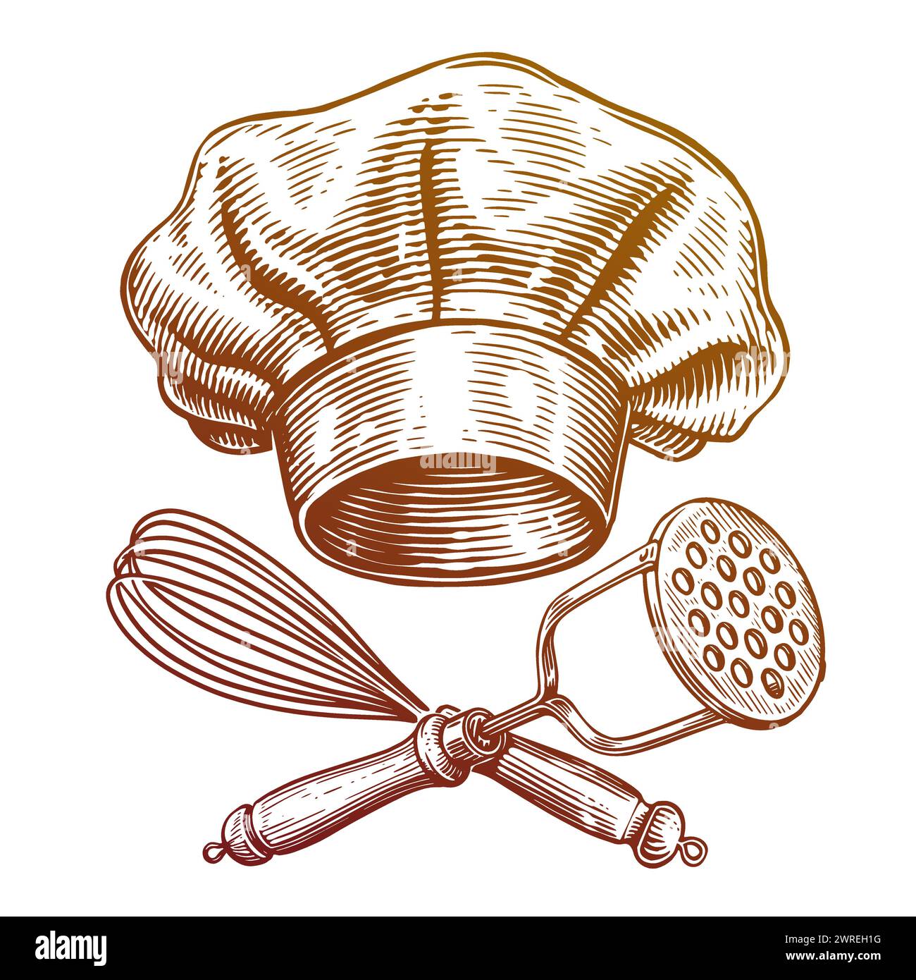 Kochmütze und gekreuzte Küchenutensilien. Lebensmittelkonzept, Bäckerei Emblem. Handgezeichnete Skizze Vintage Vektor Illustration Stock Vektor
