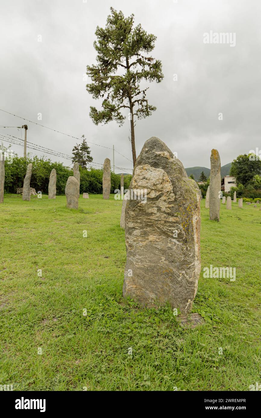 Steinmonolith im archäologischen Reservat Los Menhires in der Stadt El Mollar in Tucuman. Stockfoto