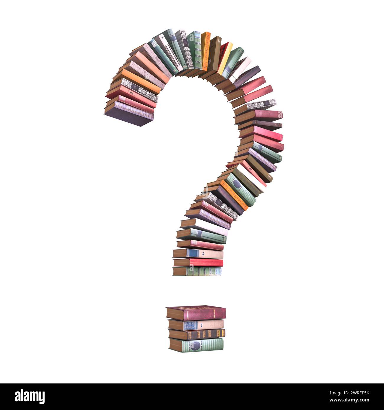 Kreative Darstellung verschiedener Bücher, die ein Fragezeichen bilden und die Untersuchung und Bildung symbolisieren. 3D-Rendering Stockfoto