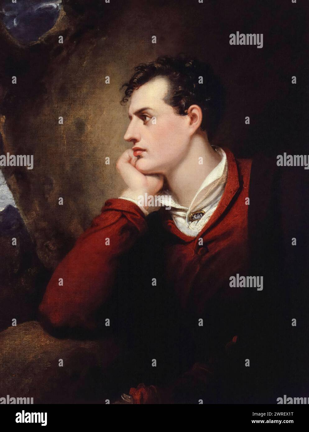 Lord Byron. George Gordon Byron, 6. Baron Byron (1788–1824), englischer romantischer Dichter, Porträtgemälde in Öl auf Leinwand von Richard Westall, 1813 Stockfoto