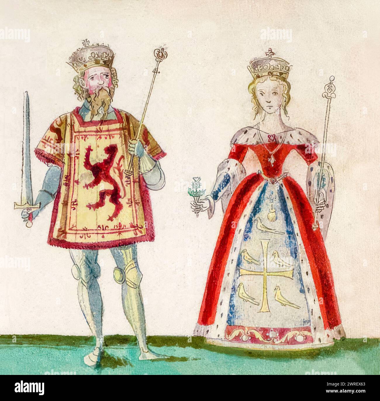 Malcolm III. Von Schottland (ca. 1031–1093), König von Schottland 1058-1093 und seine Frau Saint Margaret von Schottland (ca. 1045–1093), auch bekannt als Margaret von Wessex. Englische Prinzessin und Königin Consort von Schottland 1070–1093, illustriertes Portraitgemälde, ca. 1562 Stockfoto