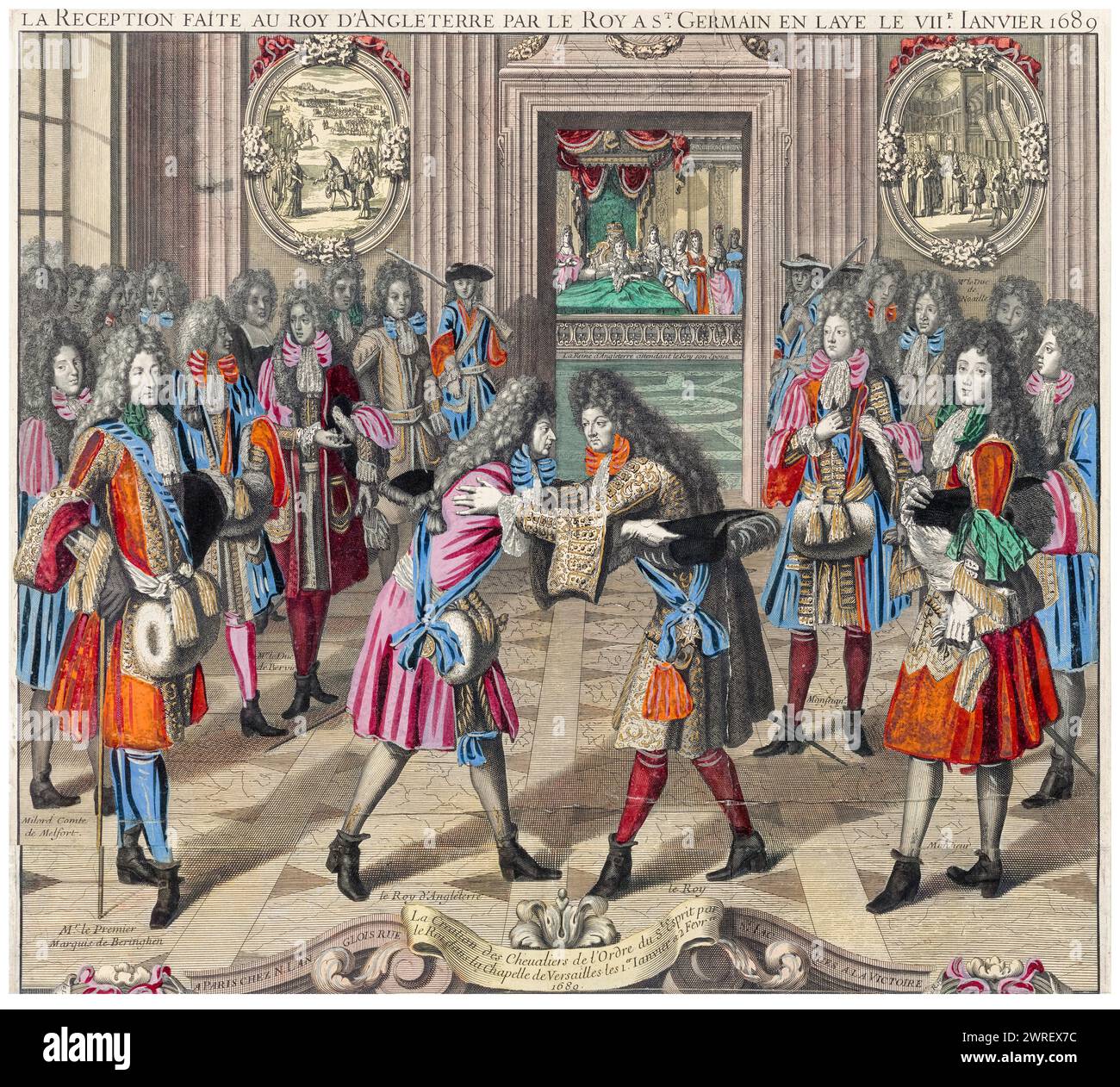 Ludwig XIV. Von Frankreich traf am 7. Januar 1689 in Saint Germain en Laye auf den Exil Jakob II. Von England, Stich von Nicolas Langlois, 1690 Stockfoto