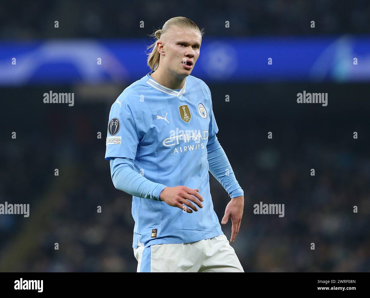 Erling Haaland von Manchester City Torfeier. - Manchester City gegen F.C. Kopenhagen, UEFA Champions League, Achtelfinale, 2. Leg, Etihad-Stadion, Manchester, Großbritannien. - 6. März 2024. Nur redaktionelle Verwendung – es gelten Einschränkungen für DataCo. Stockfoto