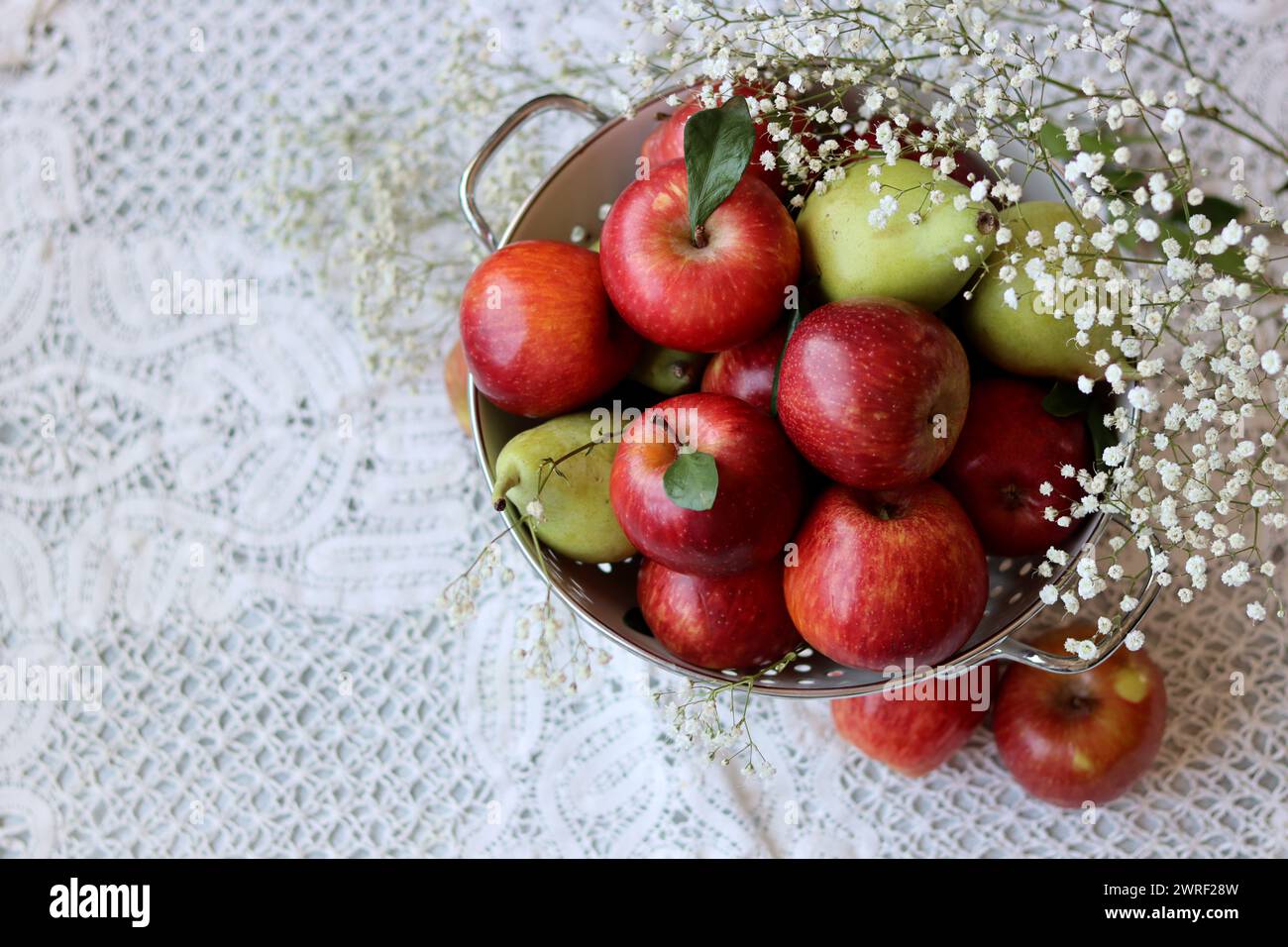 Glänzende rote Äpfel in weißem Sieb. Nahaufnahme von Bio-Früchten auf einem Tisch. Leuchtende Farben von saisonalem Obst. Fresh-Konzept. Hellgraues Ba Stockfoto