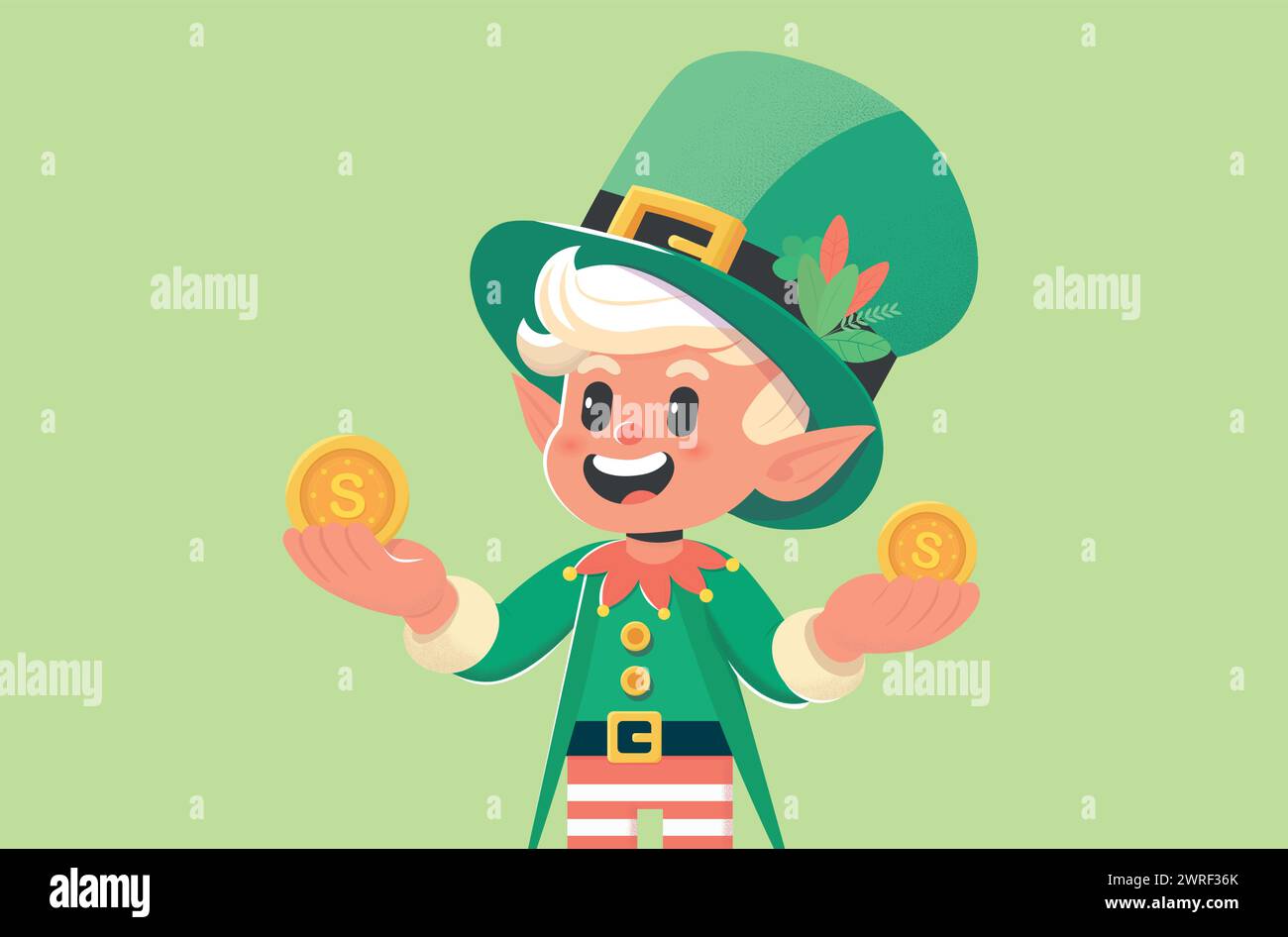 Elf Saint Patrick steht in einem grünen Anzug und schüttelt Goldmünzen in die Hände als Symbol für Glück, St. Patrick's Day, isoliert, Hut, Pflanzen Stock Vektor