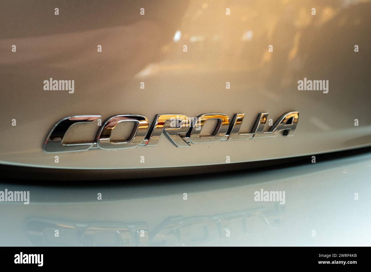 LONDON, 13. FEBRUAR 2024: Der neue Toyota Corolla GR Sportwagen wird im Ausstellungsraum ausgestellt. Toyotas neue Fahrzeugpalette im Jahr 2024. Stockfoto