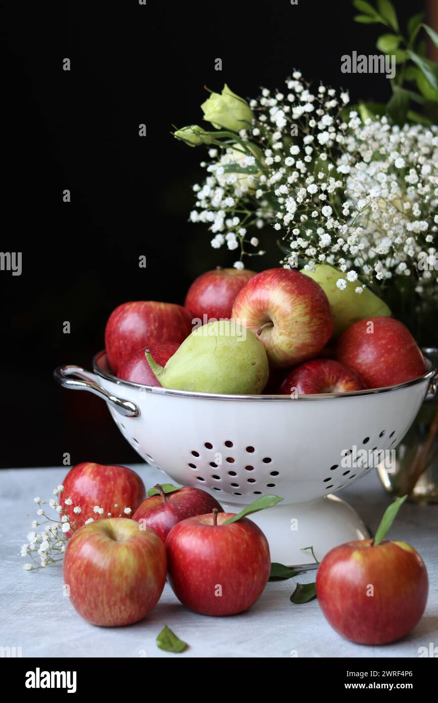 Stillleben Foto mit roten Äpfeln und weißen Blumen. Harvest Festival Konzept. Frisches Obst aus der Farm aus nächster Nähe. Stockfoto