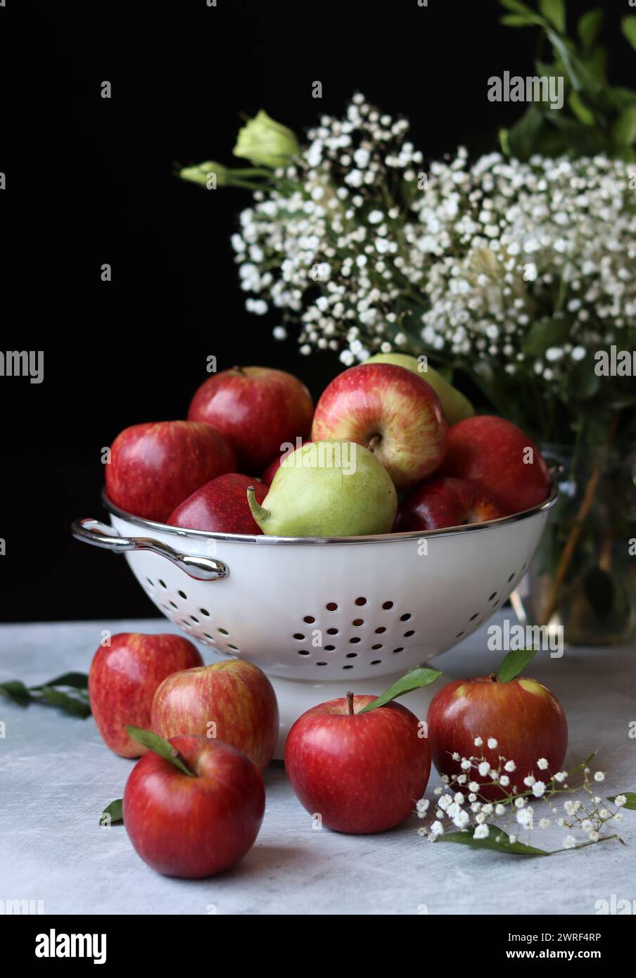 Stillleben Foto mit roten Äpfeln und weißen Blumen. Harvest Festival Konzept. Frisches Obst aus der Farm aus nächster Nähe. Stockfoto