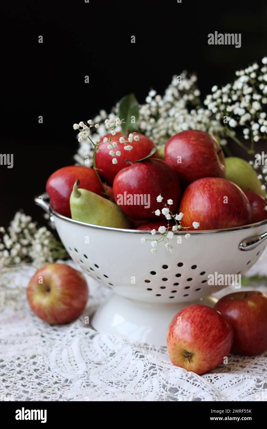 Stillleben Foto mit roten Äpfeln und weißen Blumen. Harvest Festival Konzept. Frisches Obst aus der Farm aus nächster Nähe. Stockfoto