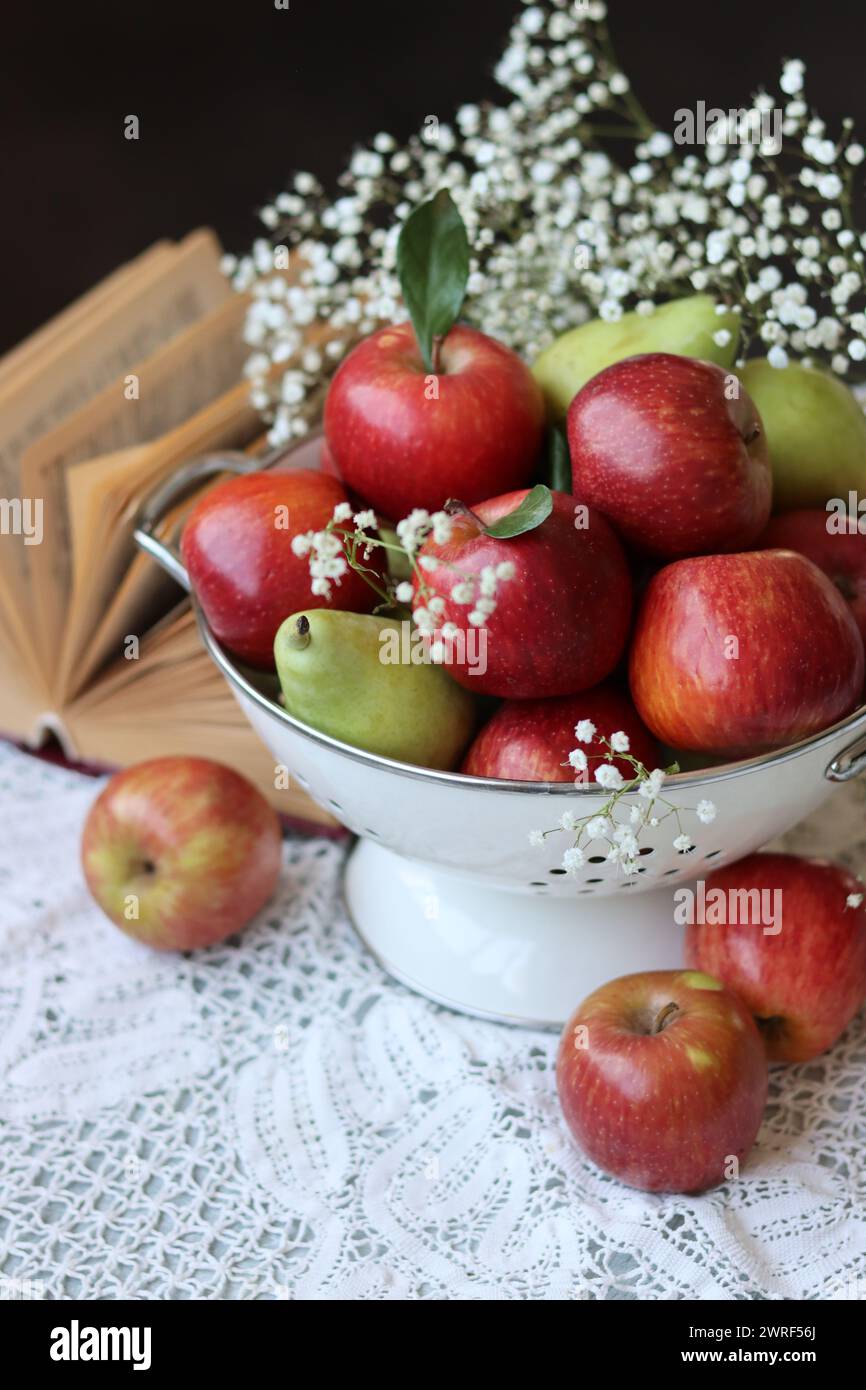 Glänzende rote Äpfel, weiße Gypsophila-Blumen und offenes Buch auf einem Tisch. Schwarzer Hintergrund mit Kopierraum. Fresh-Konzept. Stockfoto