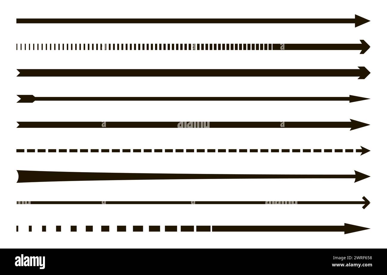 Gerade lange Pfeile nach rechts. Vektorschwarze dicke, dünne und gestrichelte Pfeilglyphen mit fettgedruckten Pfeilspitzen. Isolierte, längliche Piktogramme für Orientierung und Navigation, Vorwärtsschilder Stock Vektor