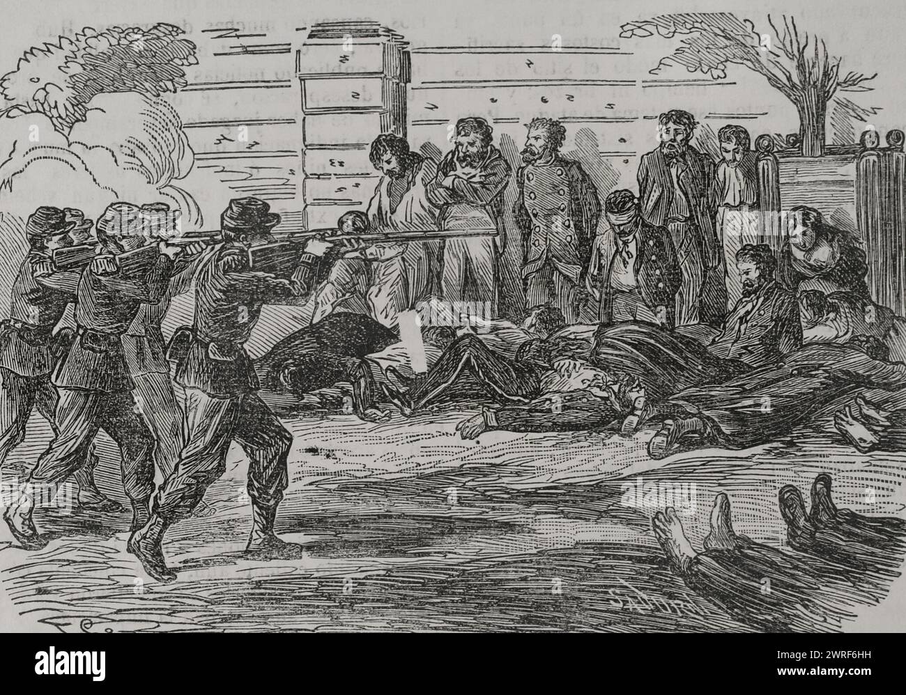 Frankreich. Kommune Paris. Revolutionäre Volksbewegung, die vom 18. März bis 28. Mai 1871 in Paris die Macht übernahm, während des Deutsch-Französischen Krieges. Erschießung der Kommunarden im Jardin du Luxembourg (Jardin du Luxembourg) am 25. Mai 1871 nach der Niederlage der Kommune. Kupferstich von Sadurní. Historia de la Guerra de Francia y Prusia (Geschichte des Krieges zwischen Frankreich und Preußen). Band II Veröffentlicht in Barcelona, 1871. Stockfoto
