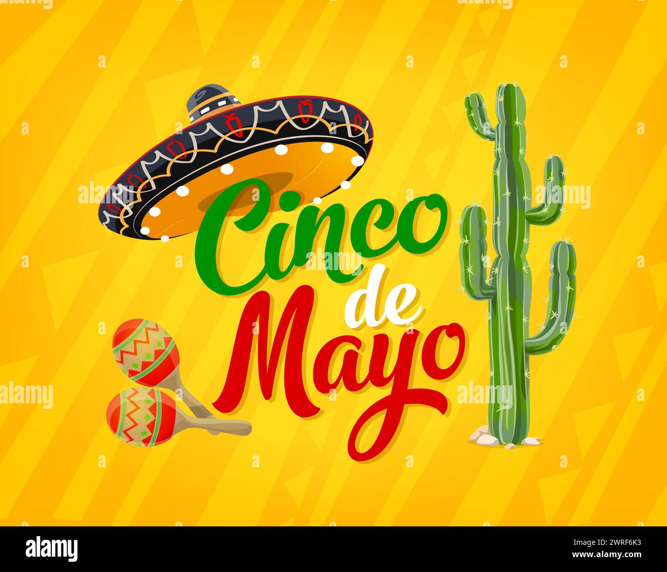 Cinco de Mayo mexikanisches Urlaubsposter mit Sombrero-Hut, Kakteen und Maracas, Vektor-Hintergrund. Mexikanische Cinco de Mayo feiert fiesta in mexikanischen Flaggenfarben mit lateinischen Musikinstrumenten Stock Vektor