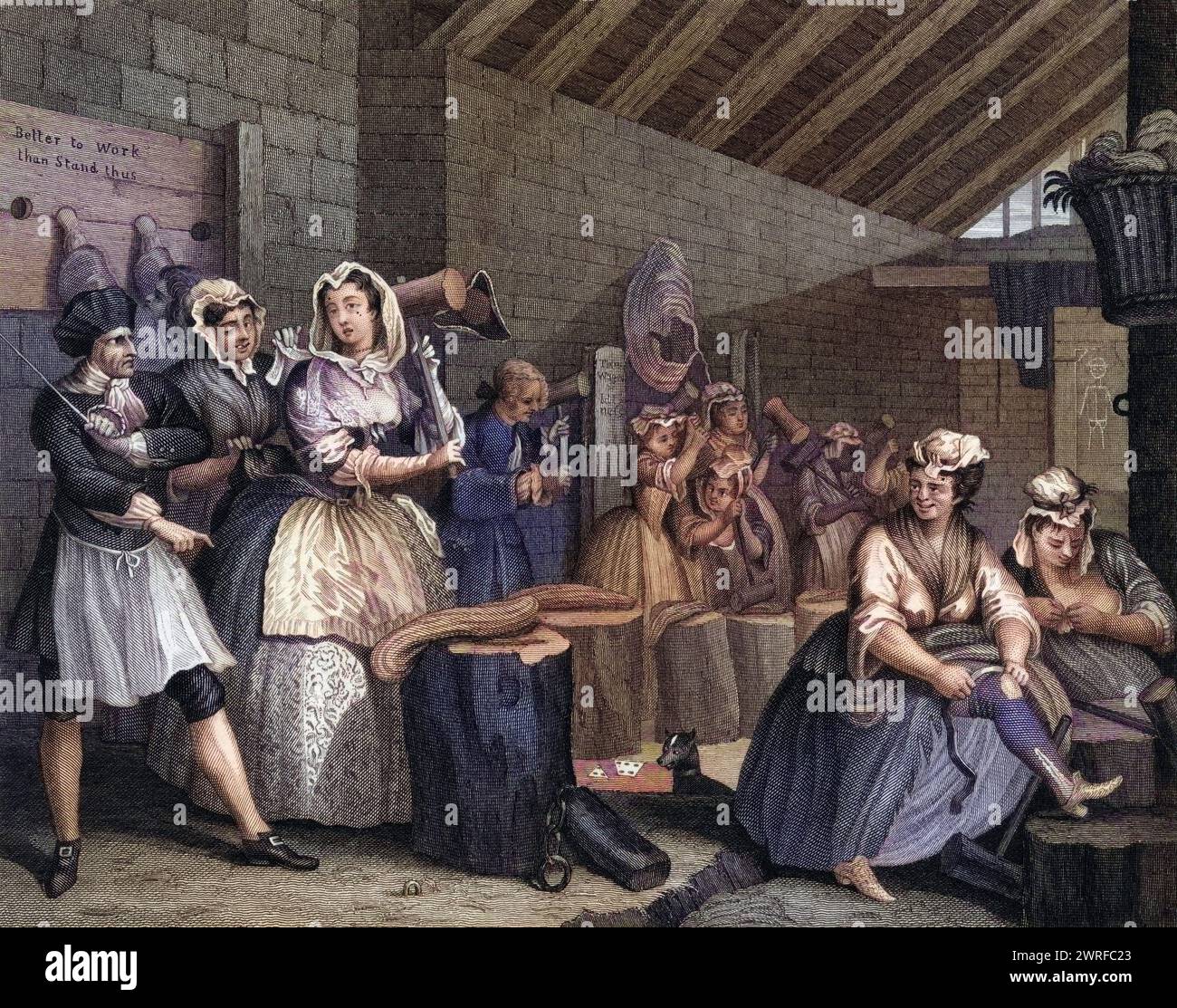 Die Harlots Progress Scene in Bridewell aus dem Originalbild von Hogarth aus den Werken von Hogarth, veröffentlicht London 1833 , Historisch, digital restaurierte Reproduktion von einer Vorlage aus dem 19. Jahrhundert, Datum nicht angegeben, Stockfoto