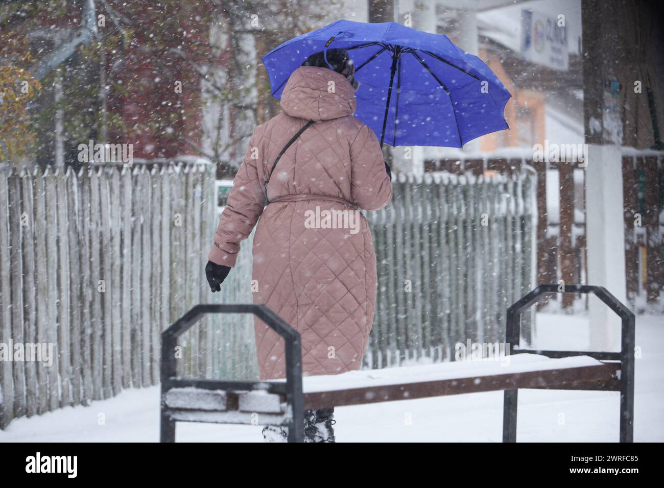 Gelber Code und starker Windzyklon für eine Weile im Winter. Bild einer Großmutter, die einen blauen Regenschirm hält. Große Flocken, Winter, Regenschirm. Hohe qu Stockfoto